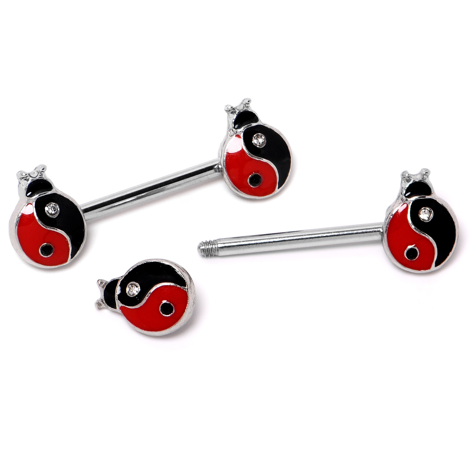 14 Gauge 9/16 Clear Gem Ladybug Yin Yang Barbell Nipple Ring Set