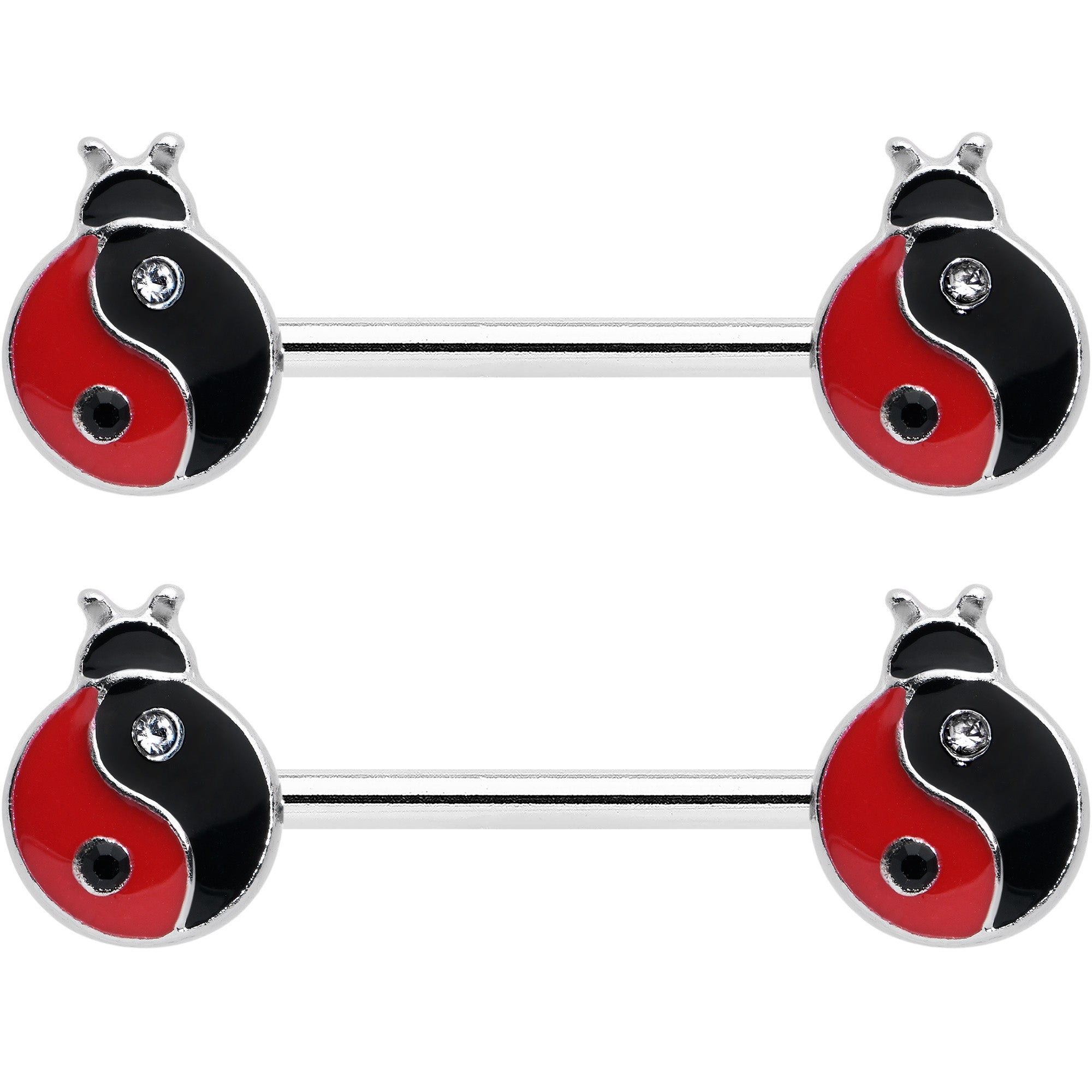 14 Gauge 9/16 Clear Gem Ladybug Yin Yang Barbell Nipple Ring Set