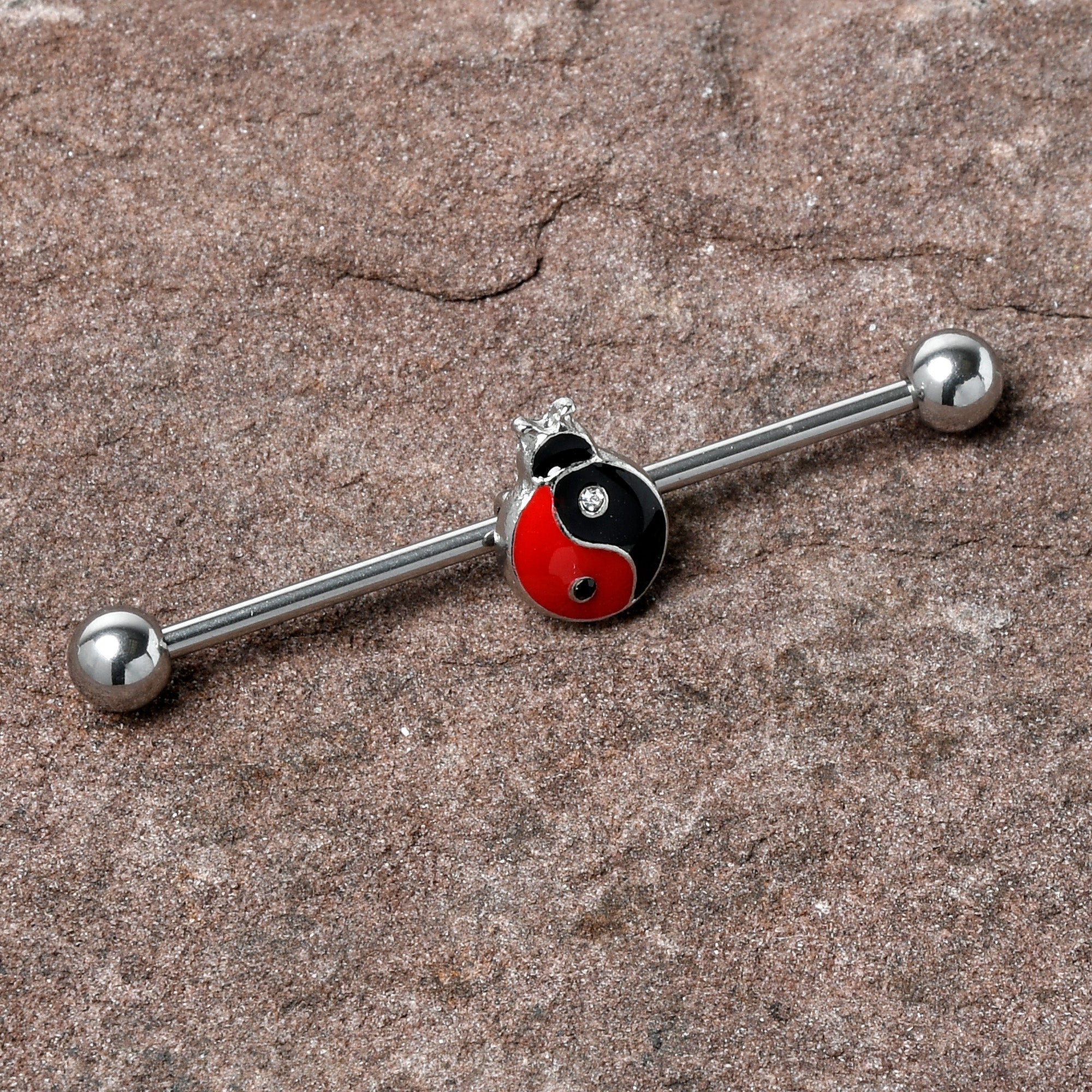 14 Gauge Clear Gem Ladybug Yin Yang Industrial Barbell 38mm