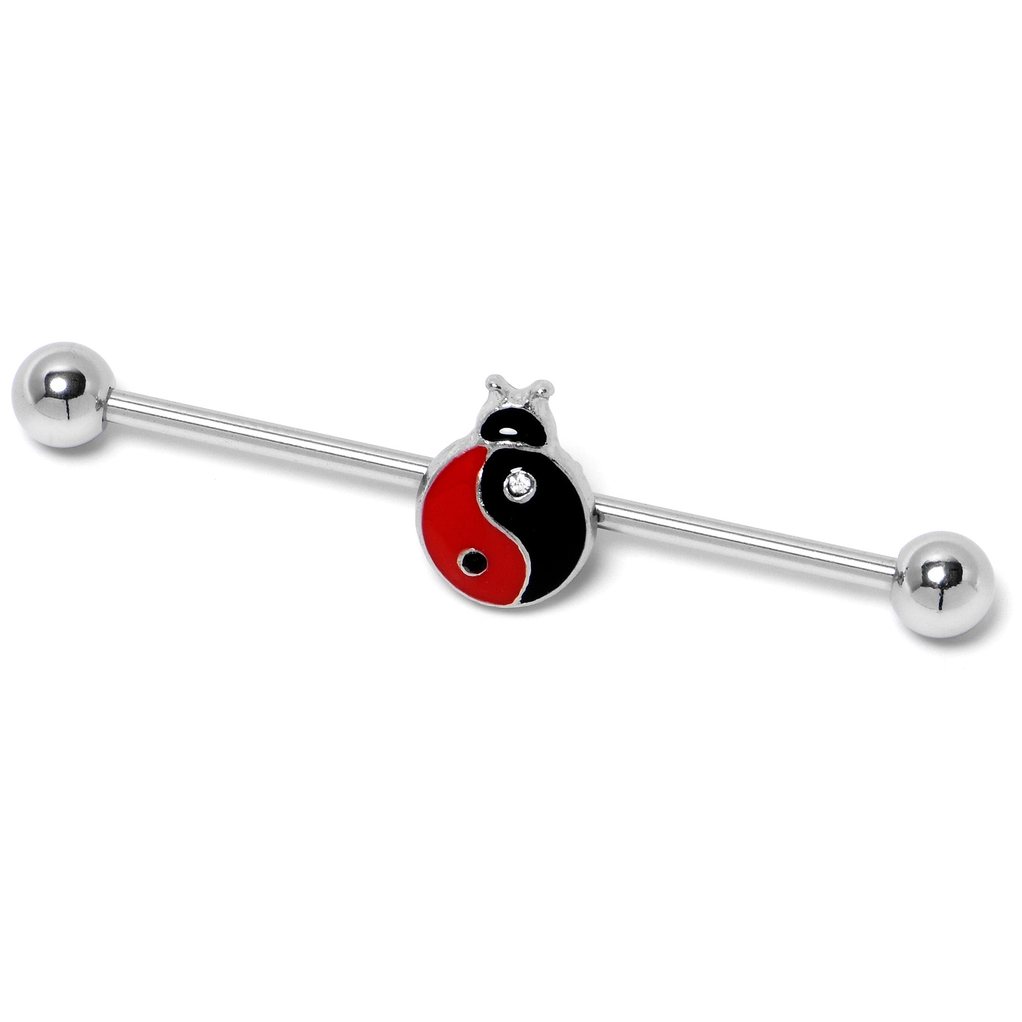 14 Gauge Clear Gem Ladybug Yin Yang Industrial Barbell 38mm