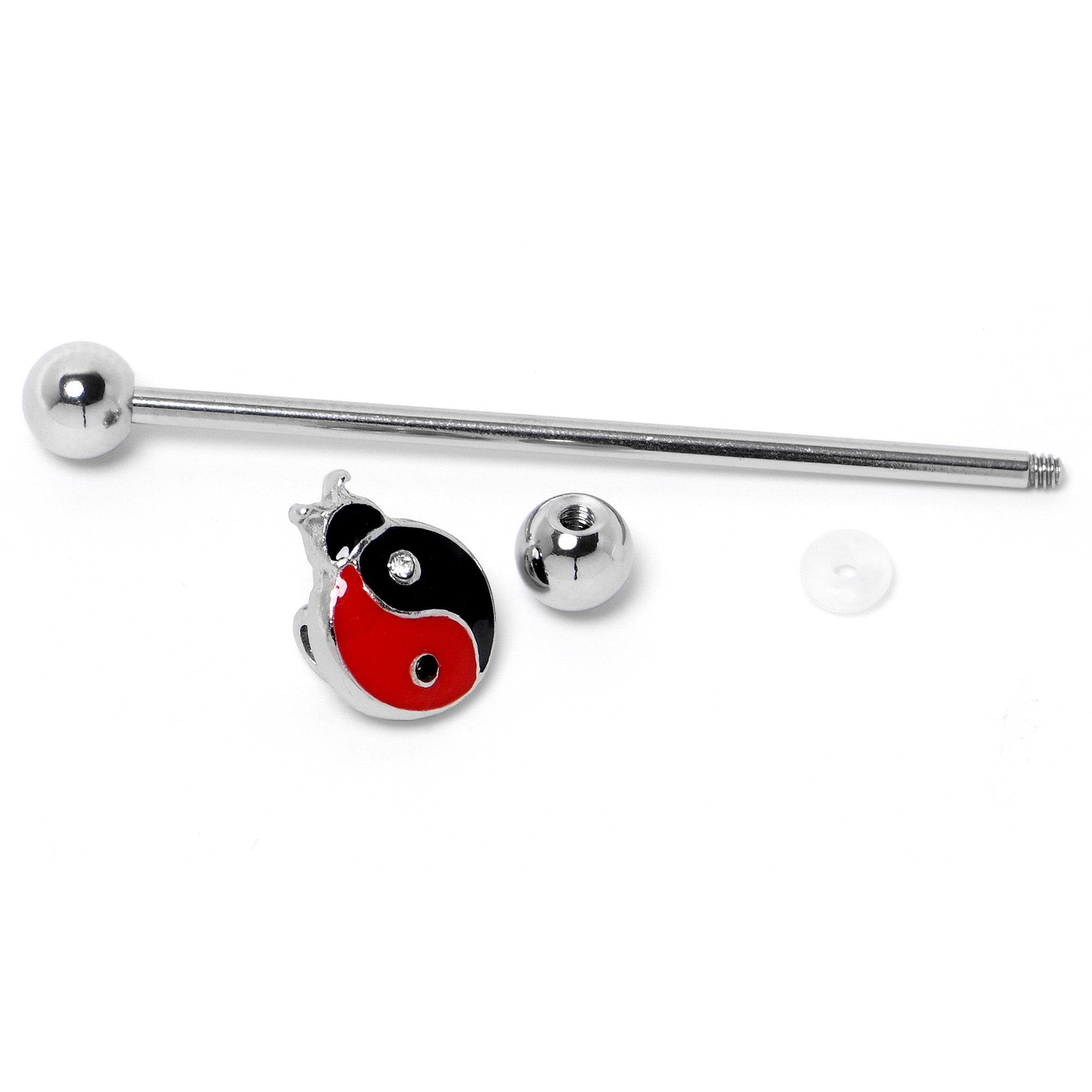 14 Gauge Clear Gem Ladybug Yin Yang Industrial Barbell 38mm