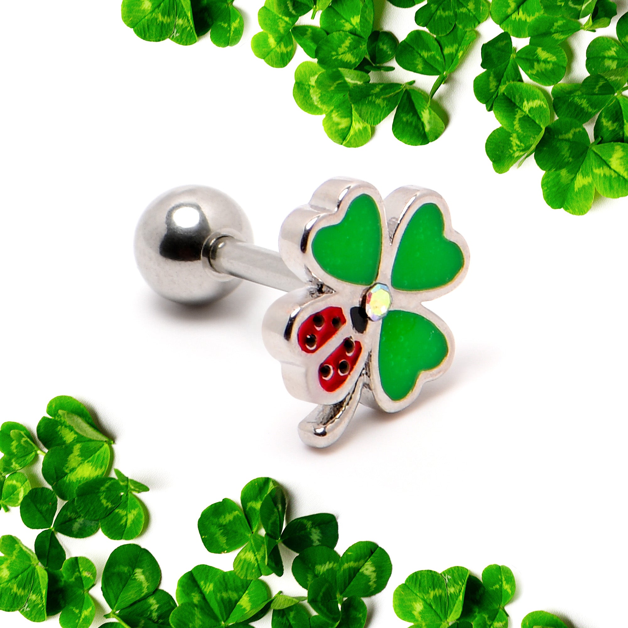 16 Gauge 1/4 Ladybug Shamrock St Patricks Cartilage Tragus Earring