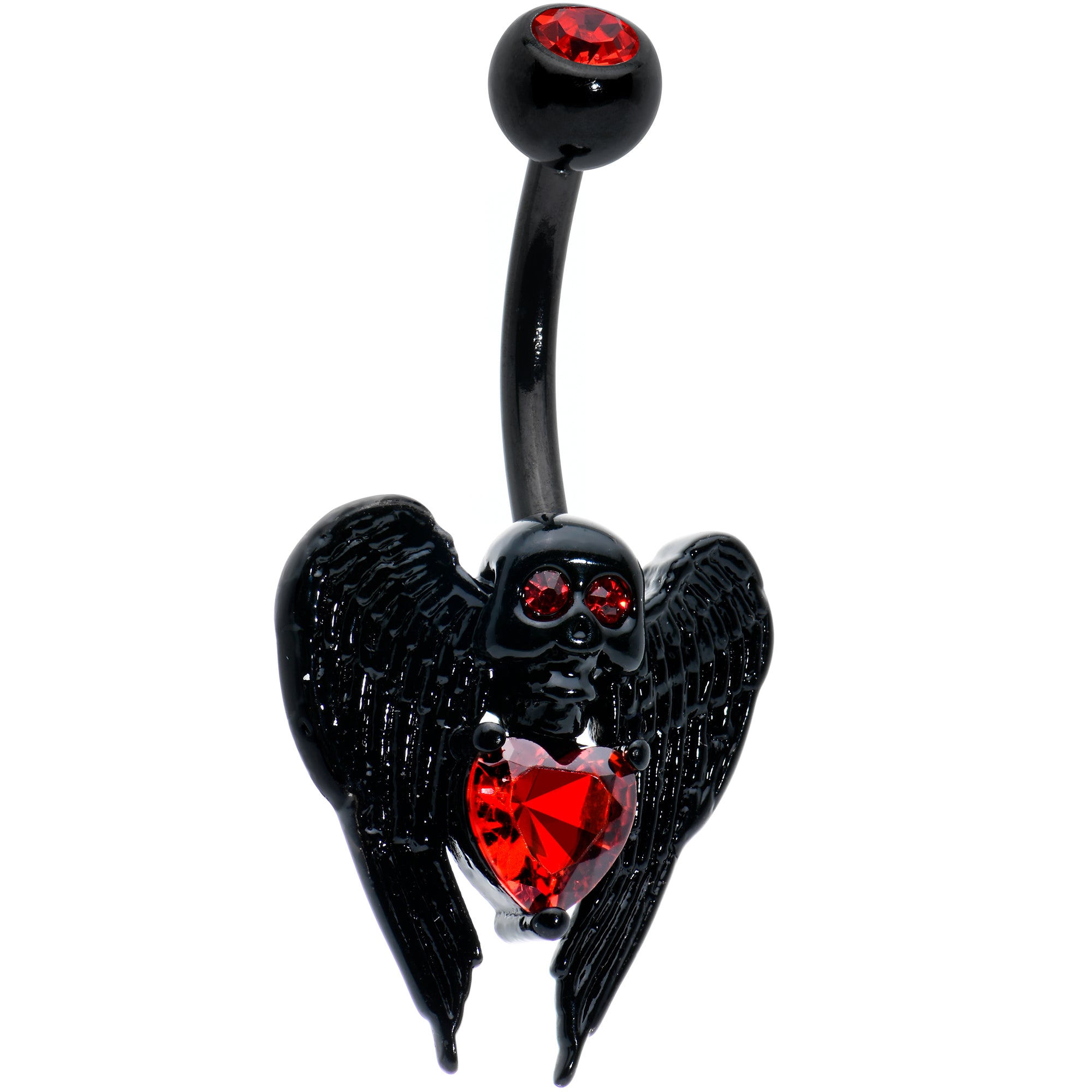 Red CZ Gem Black Heart Winged Skull Gothic Belly Ring