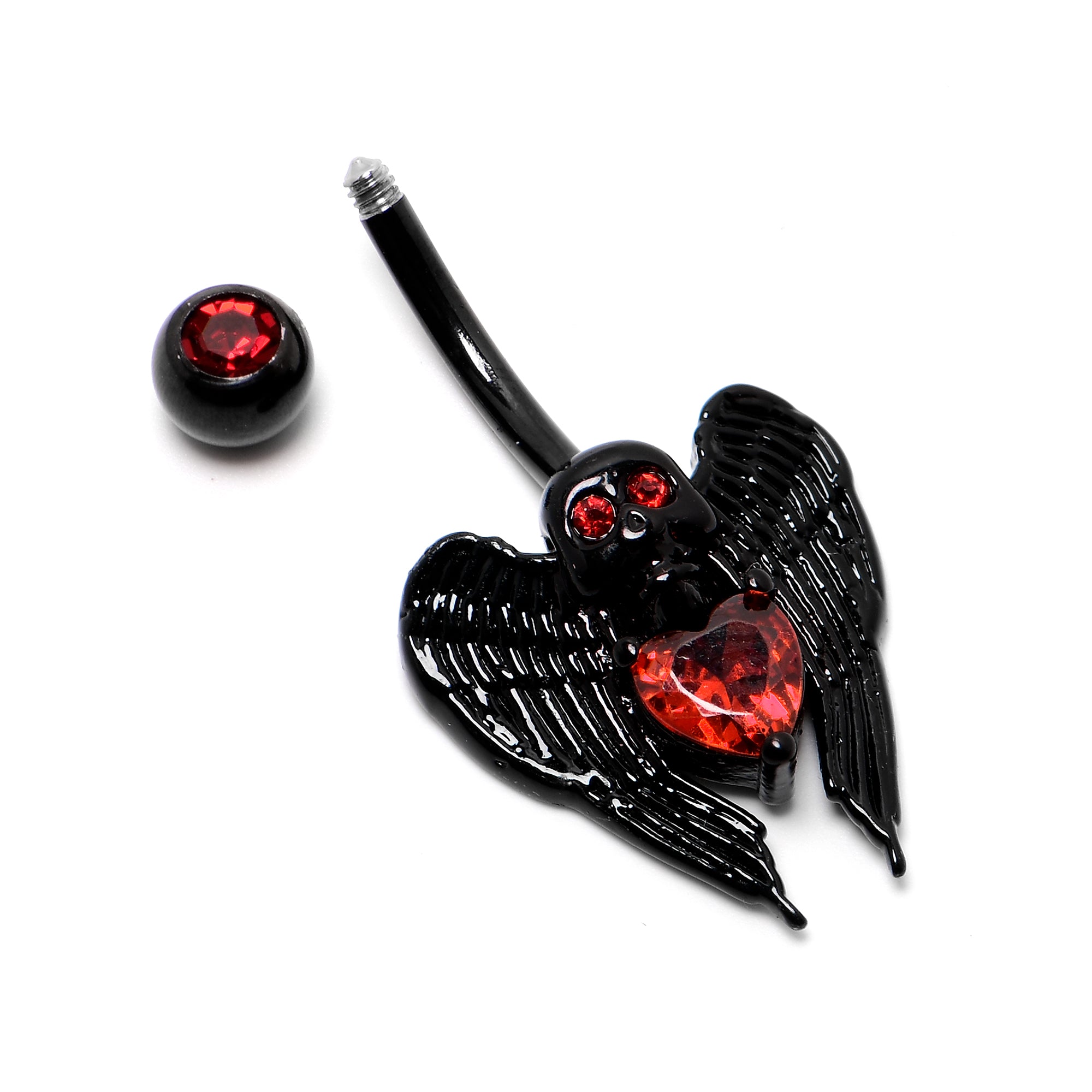 Red CZ Gem Black Heart Winged Skull Gothic Belly Ring