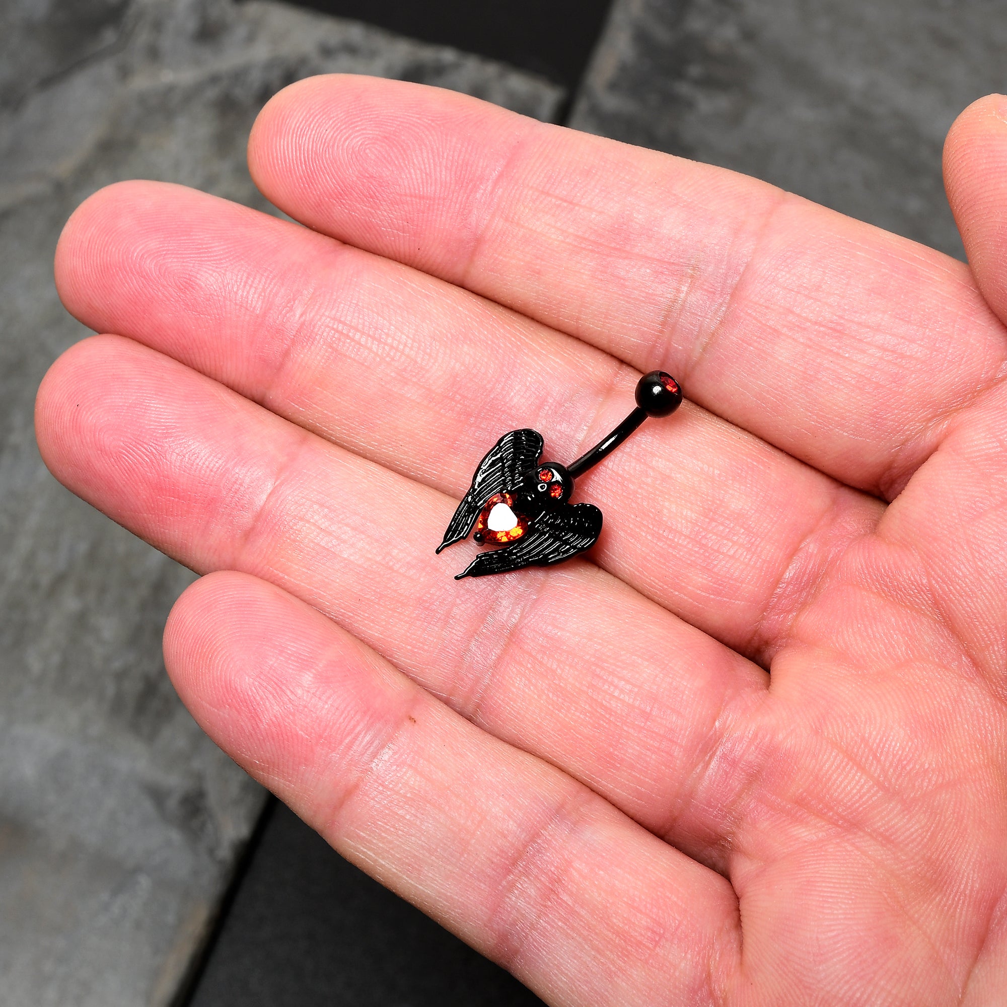 Red CZ Gem Black Heart Winged Skull Gothic Belly Ring