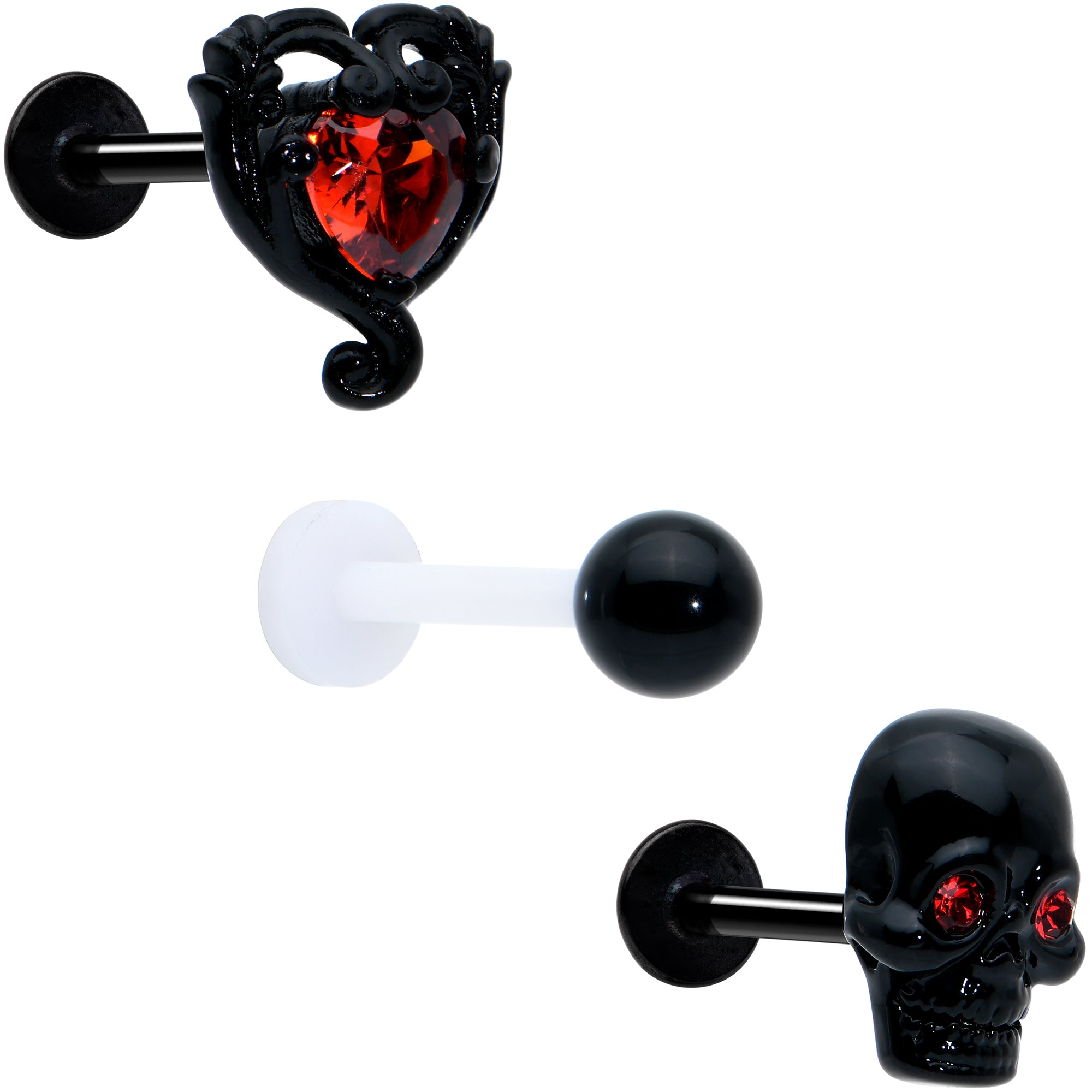 16 Gauge 5/16 Red CZ Gem Black Skull Passion Heart Labret Tragus Curation Set of 3