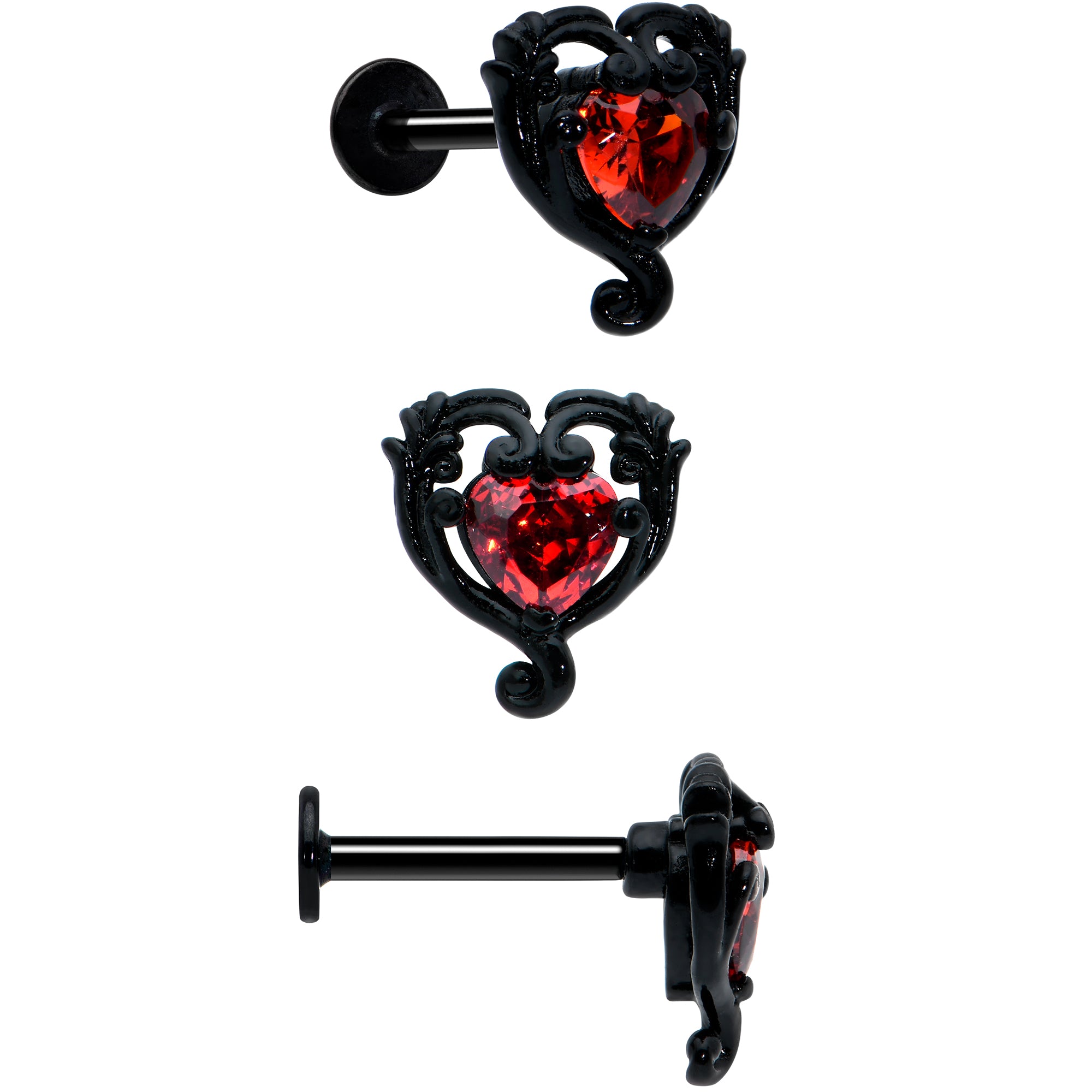 16 Gauge 5/16 Red CZ Gem Black Skull Passion Heart Labret Tragus Curation Set of 3