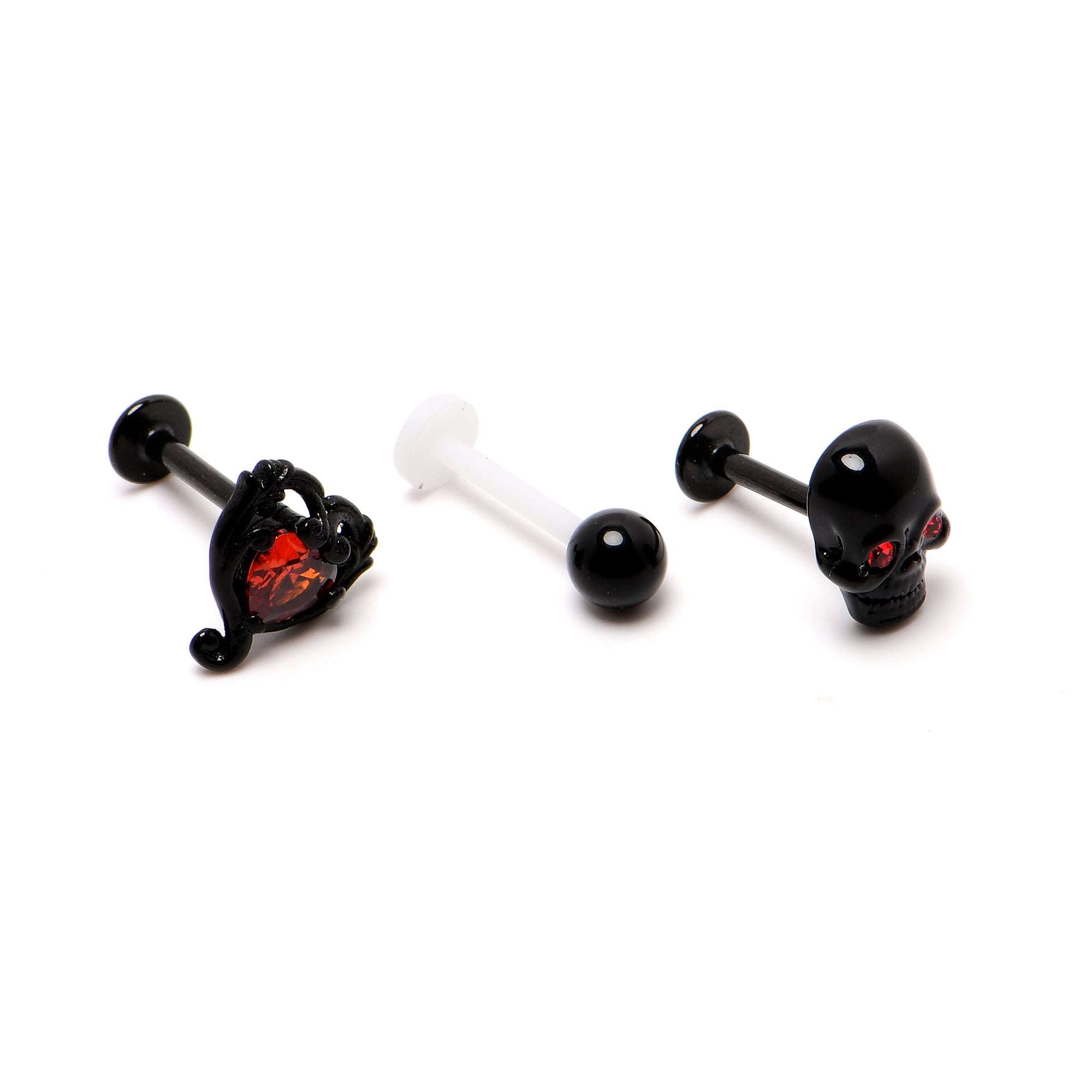 16 Gauge 5/16 Red CZ Gem Black Skull Passion Heart Labret Tragus Curation Set of 3