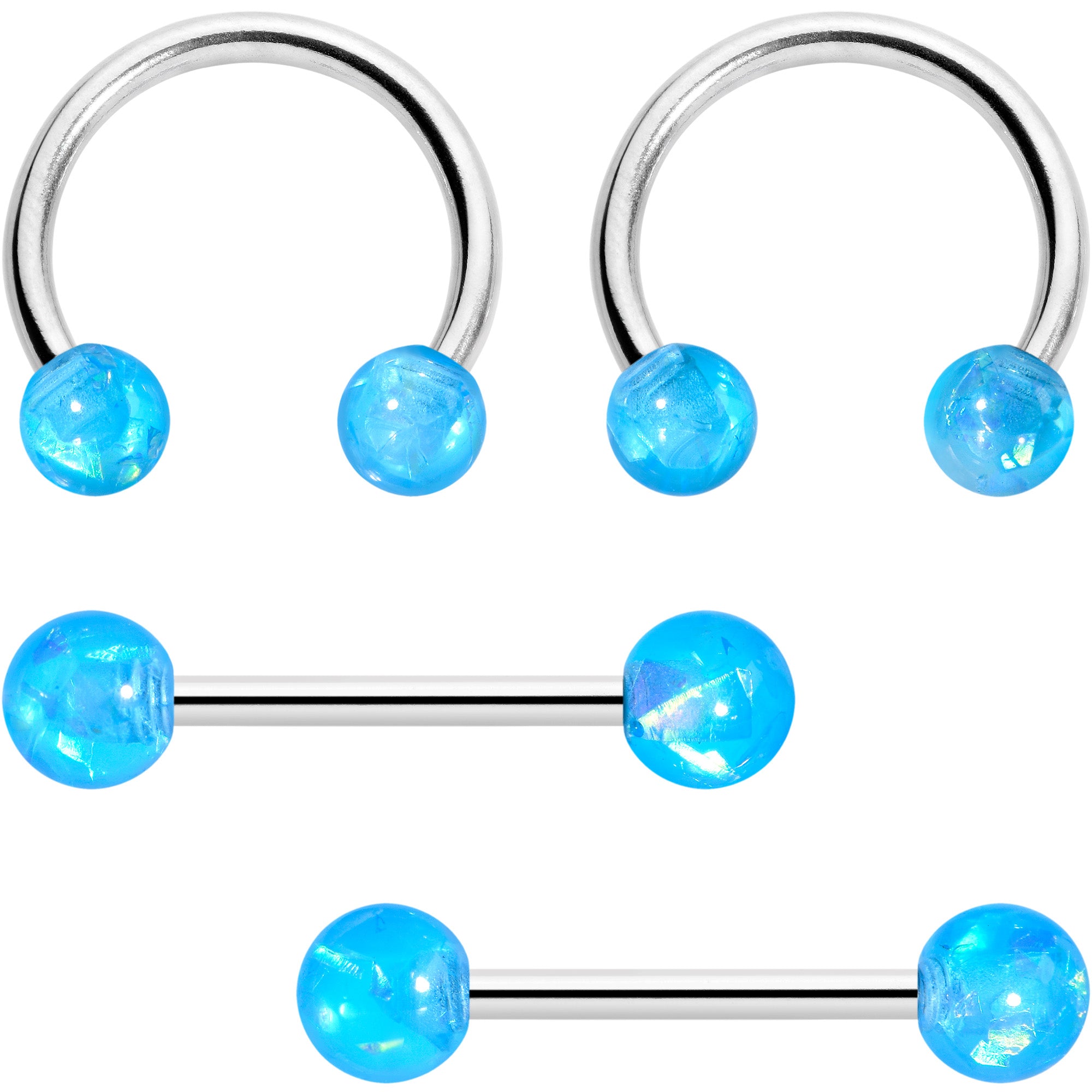 14 Gauge 9/16 Blue Faux Opal Horseshoe Barbell Nipple Ring Set of 4