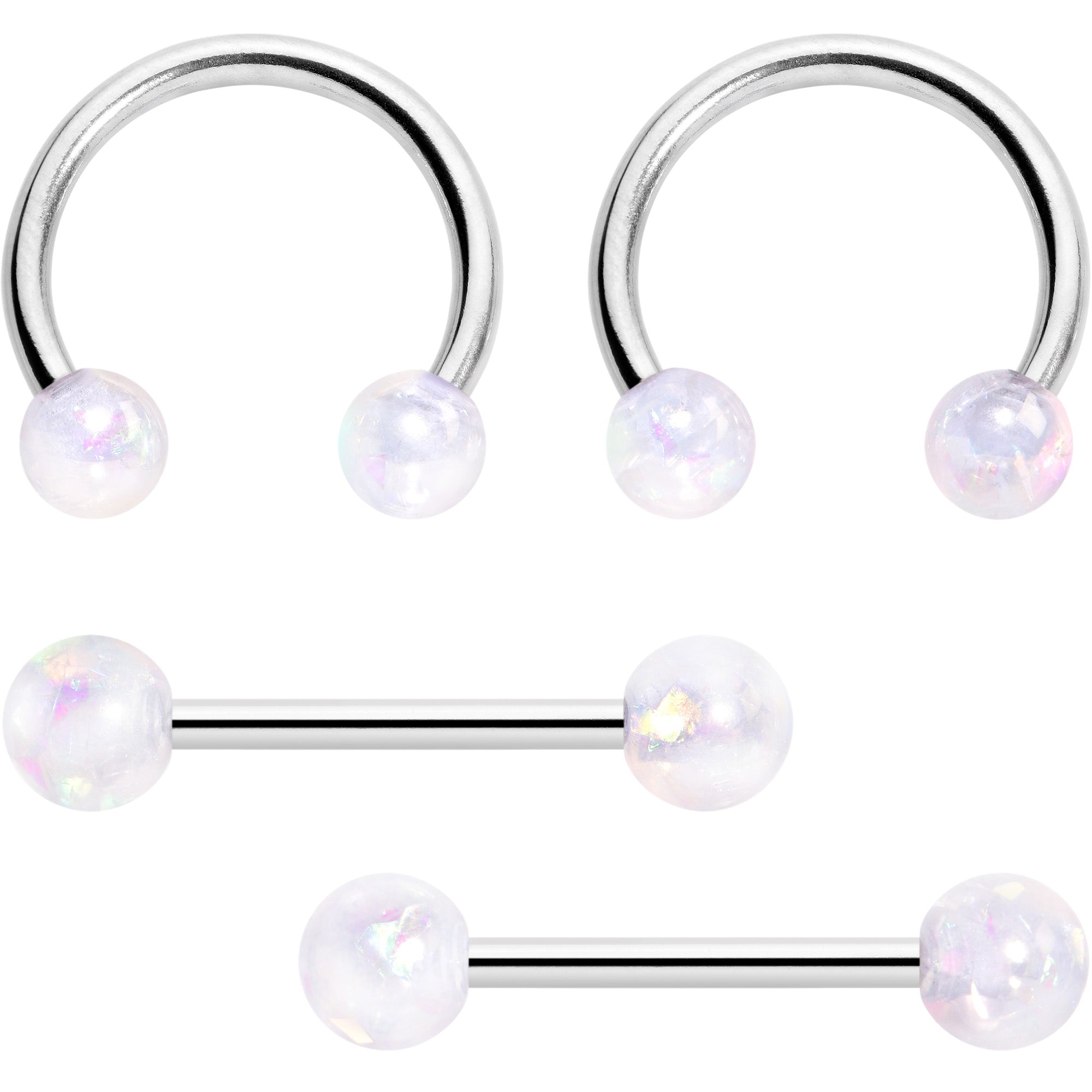 14 Gauge 9/16 White Faux Opal Horseshoe Barbell Nipple Ring Set of 4