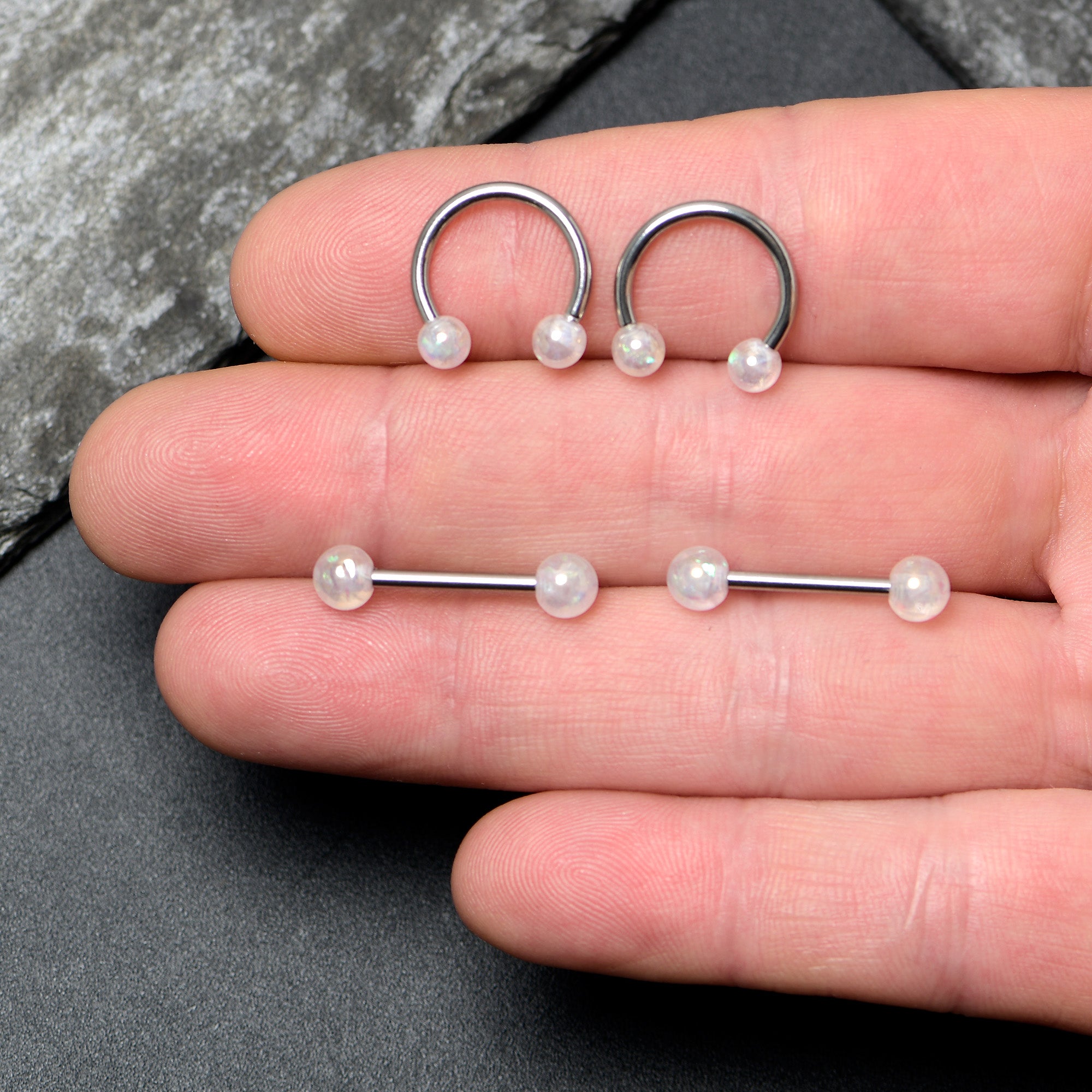 14 Gauge 9/16 White Faux Opal Horseshoe Barbell Nipple Ring Set of 4