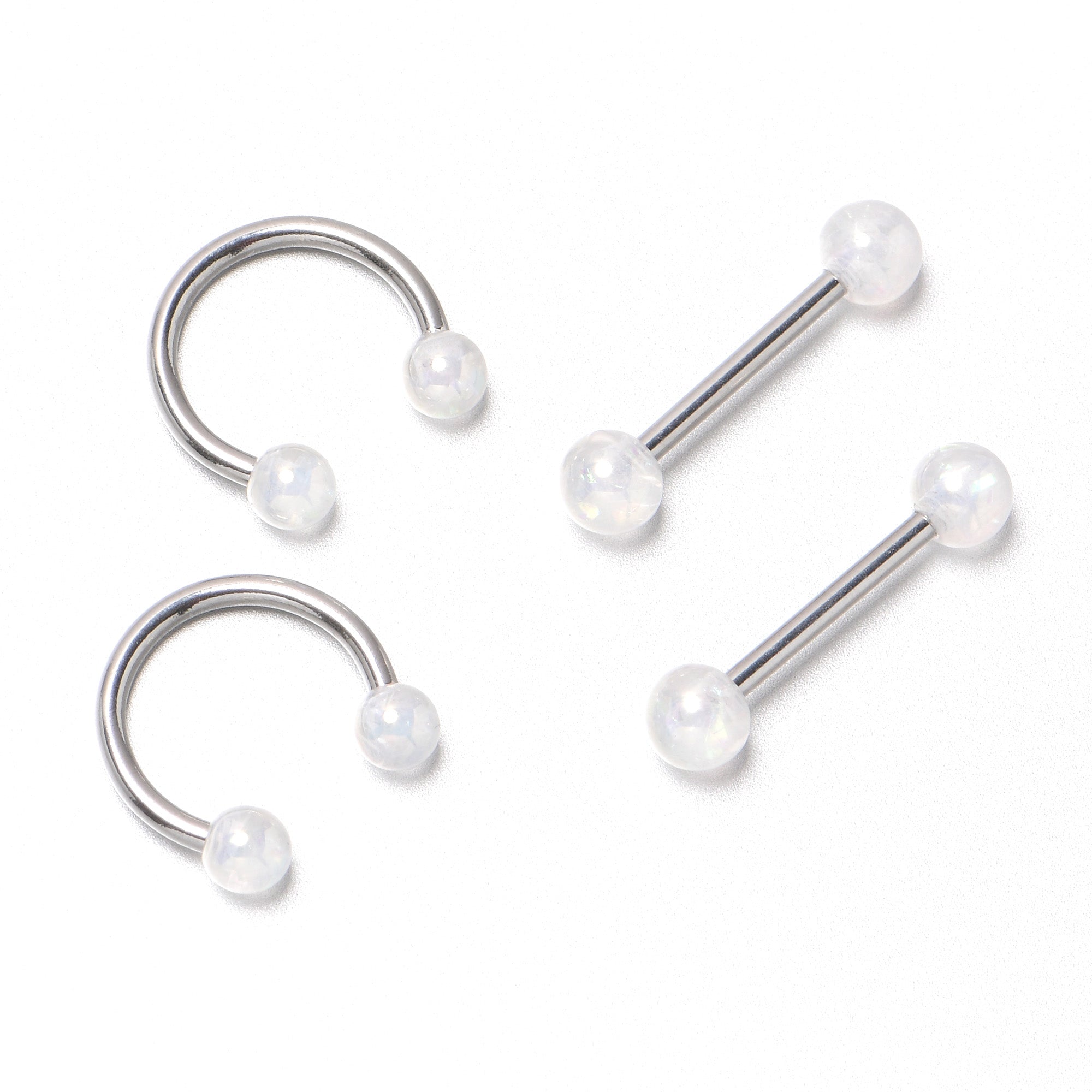 14 Gauge 9/16 White Faux Opal Horseshoe Barbell Nipple Ring Set of 4