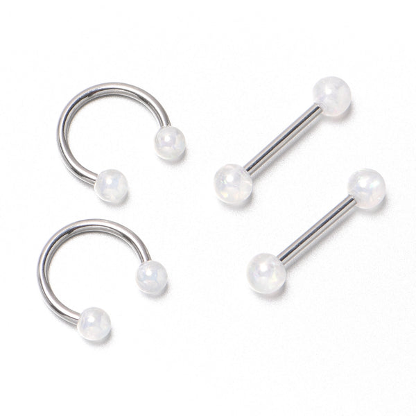 White Faux Opal Heart Captive Ring Straight Barbell Nipple Ring