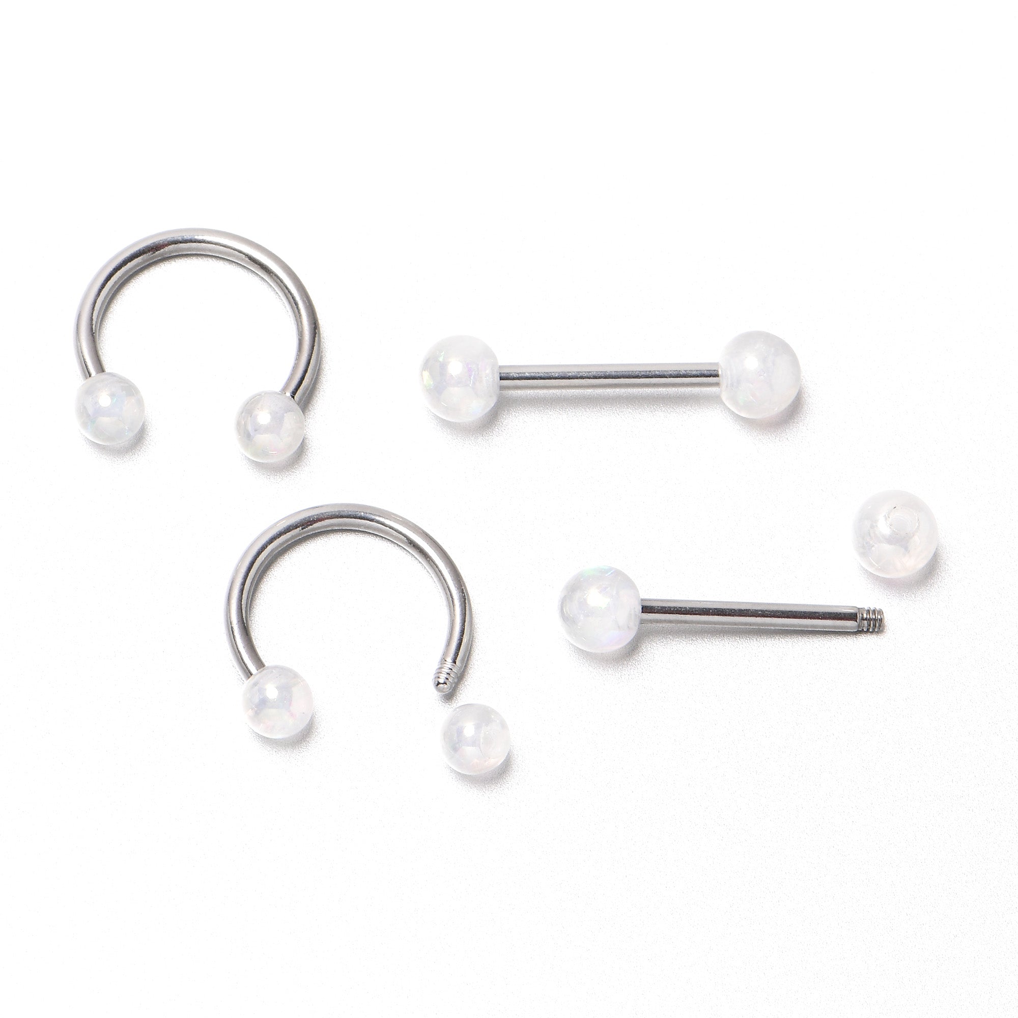 14 Gauge 9/16 White Faux Opal Horseshoe Barbell Nipple Ring Set of 4