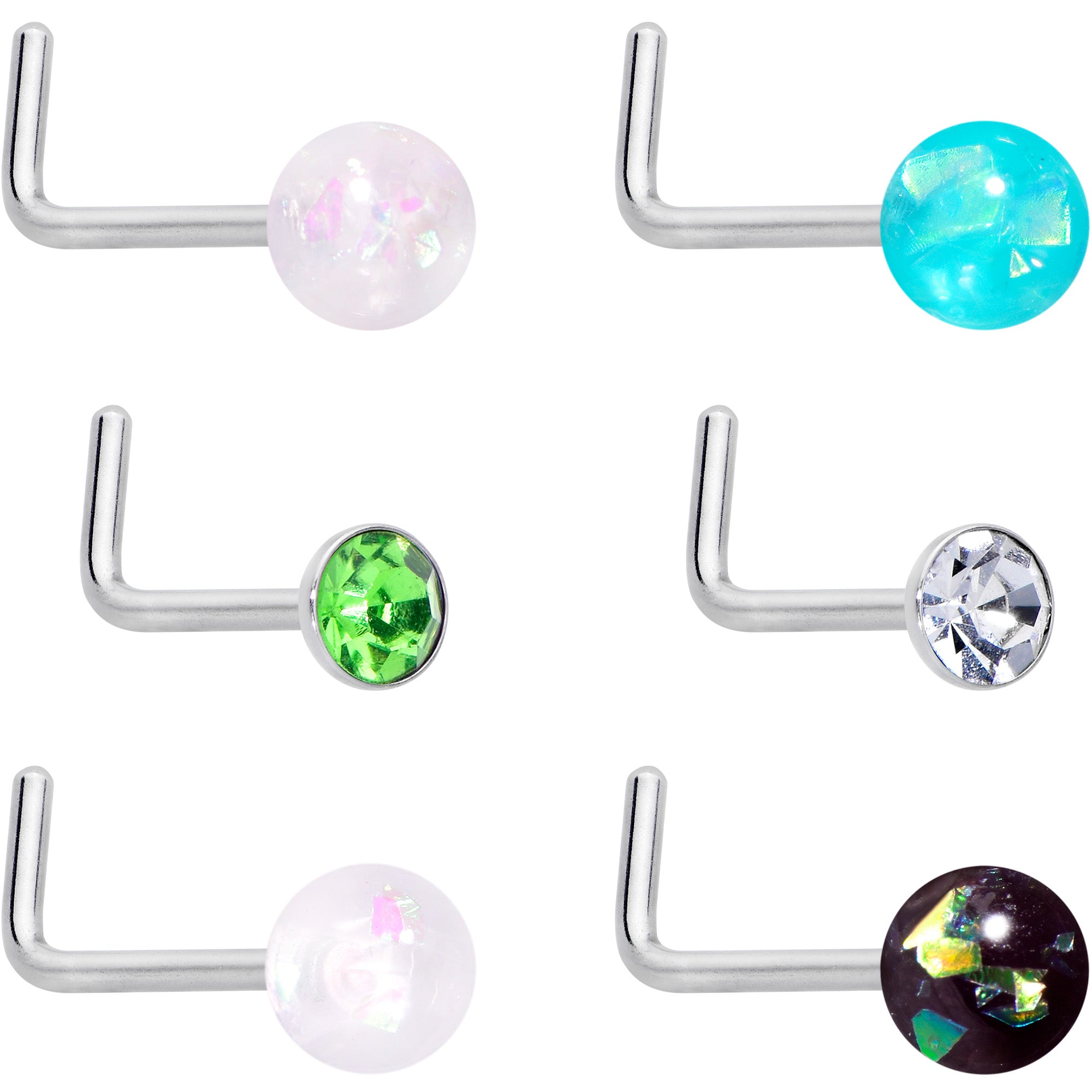 20 Gauge 1/4 Green Gem Green Aurora Faux Opal Pack L Shape Nose Ring Set of 6