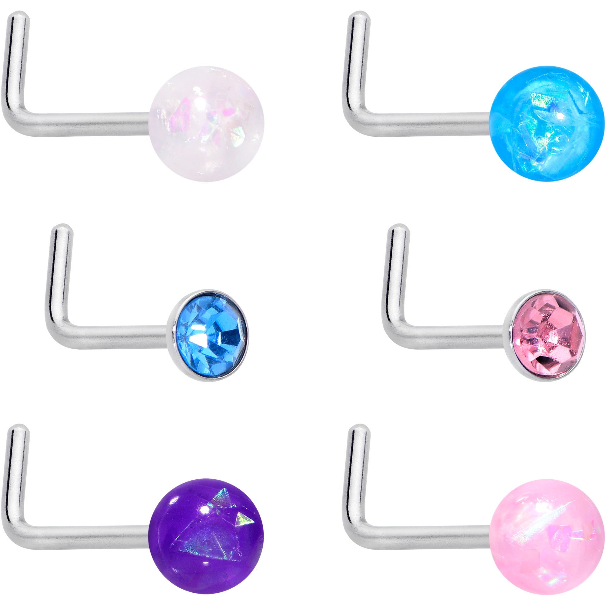 20 Gauge 1/4 Pink Gem Purple Pink Faux Opal Pack L Shape Nose Ring Set of 6