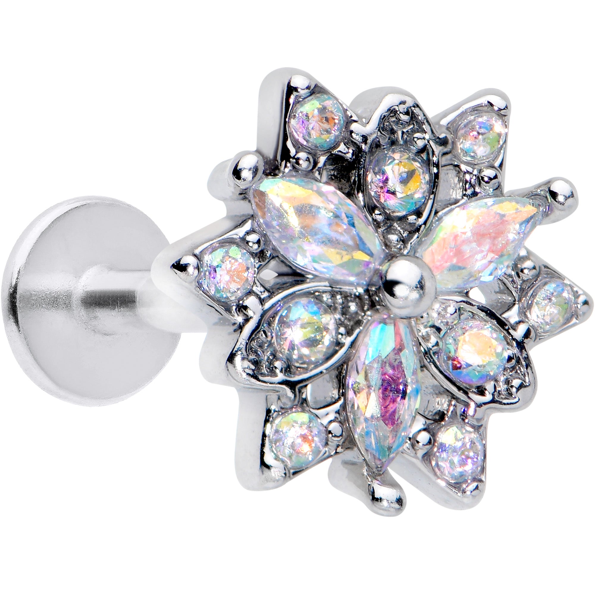 16 Gauge 5/16 Aurora CZ Gem Snowflake Style Labret Monroe Tragus