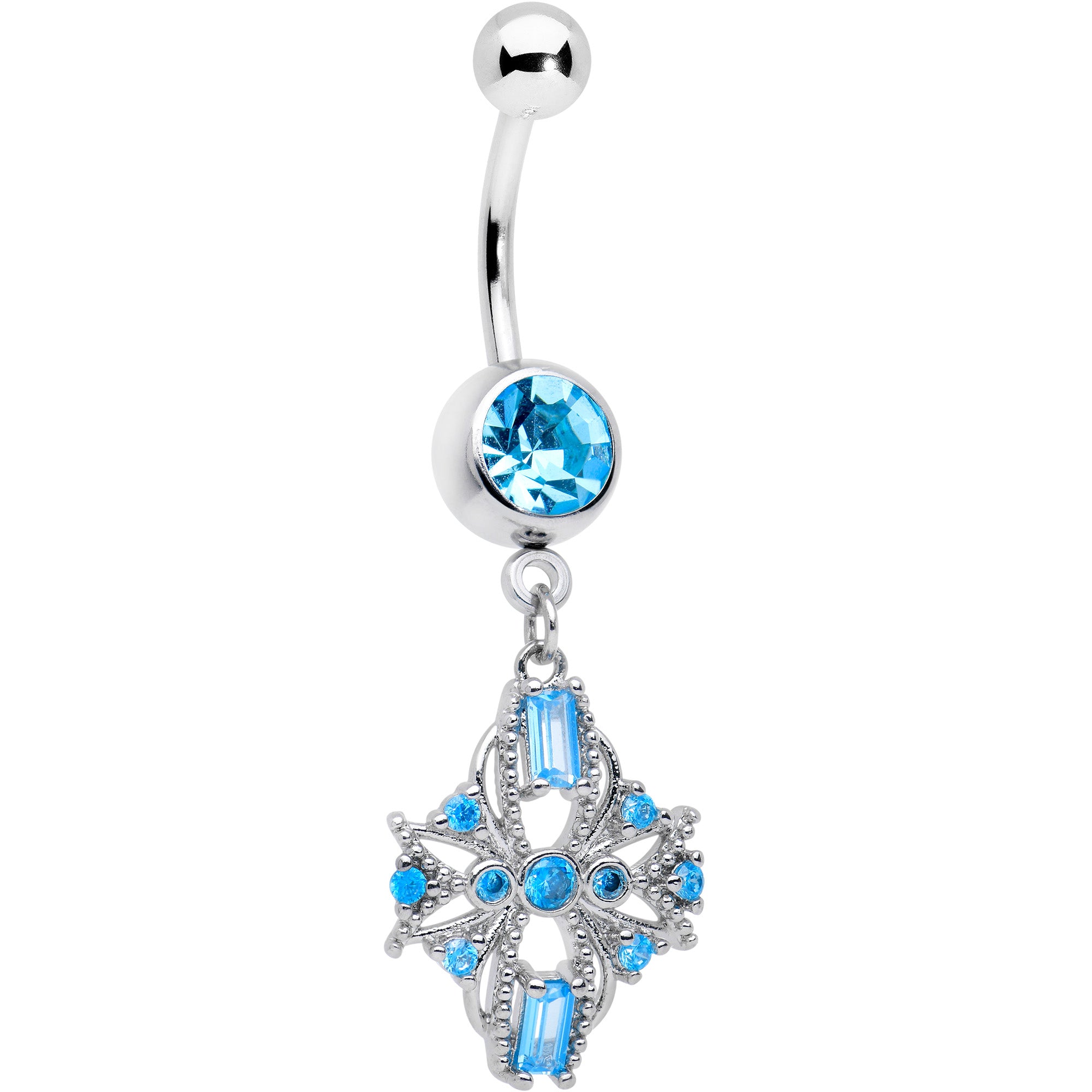 Blue CZ Gem Opulent Cross Dangle Belly Ring