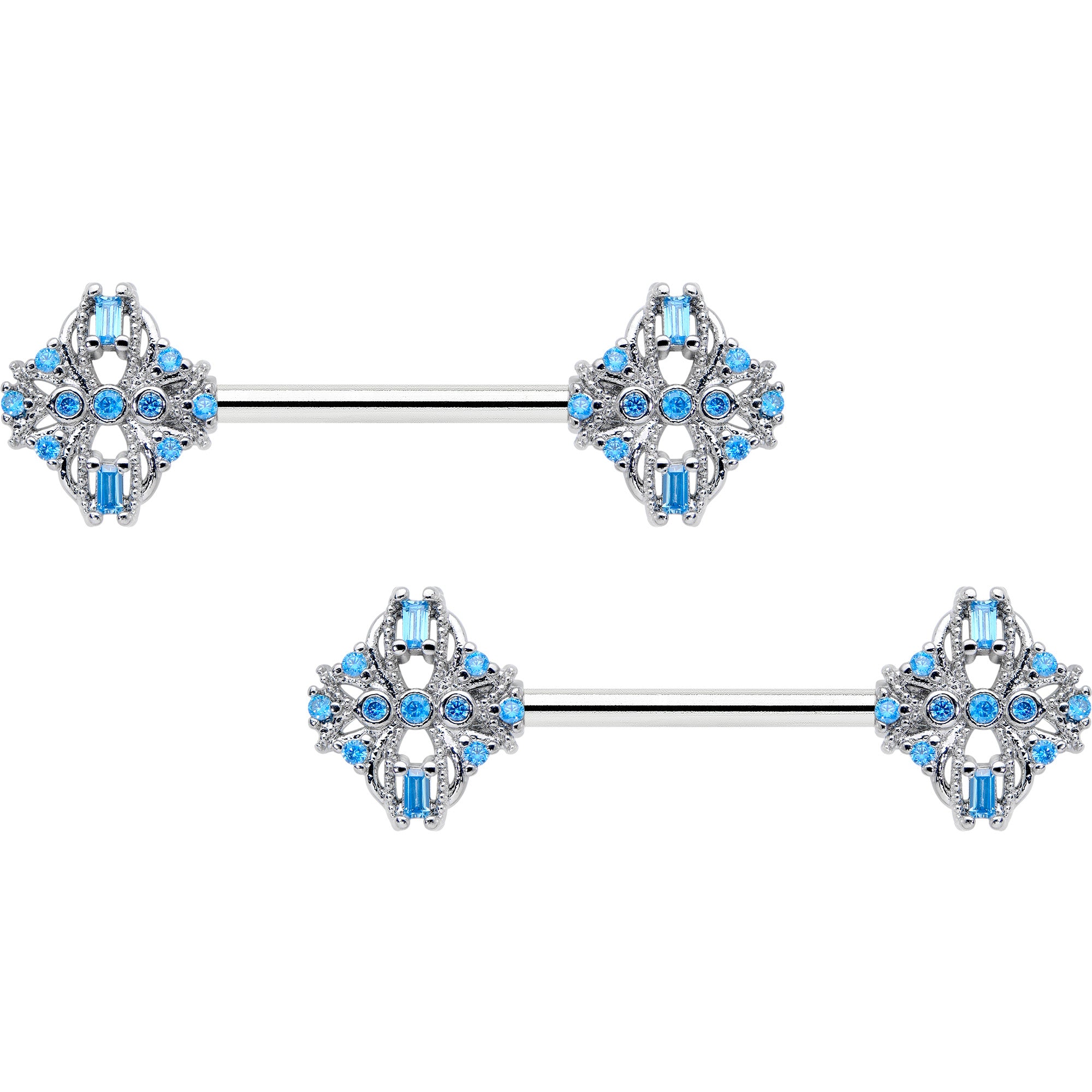 14 Gauge 9/16 Blue CZ Gem Opulent Cross Barbell Nipple Ring Set