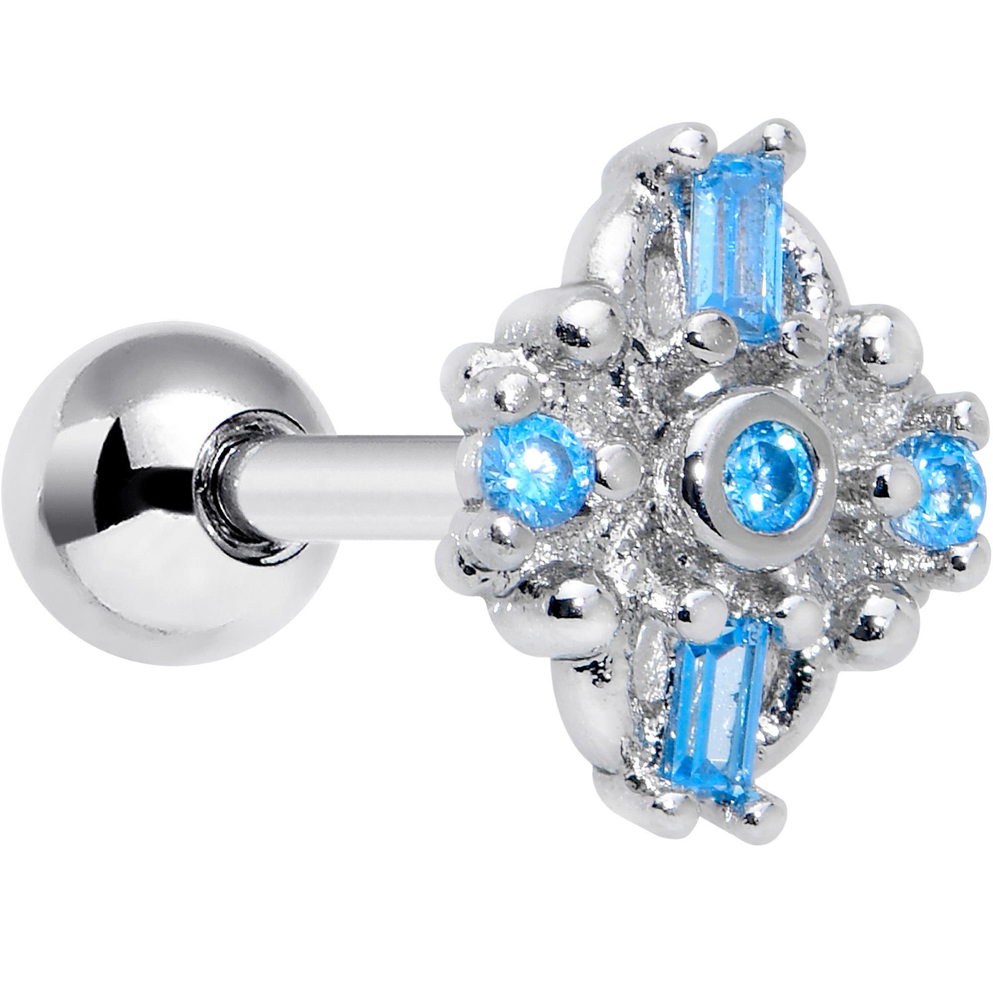 16 Gauge 1/4 Blue CZ Gem Opulent Cross Cartilage Tragus Earring