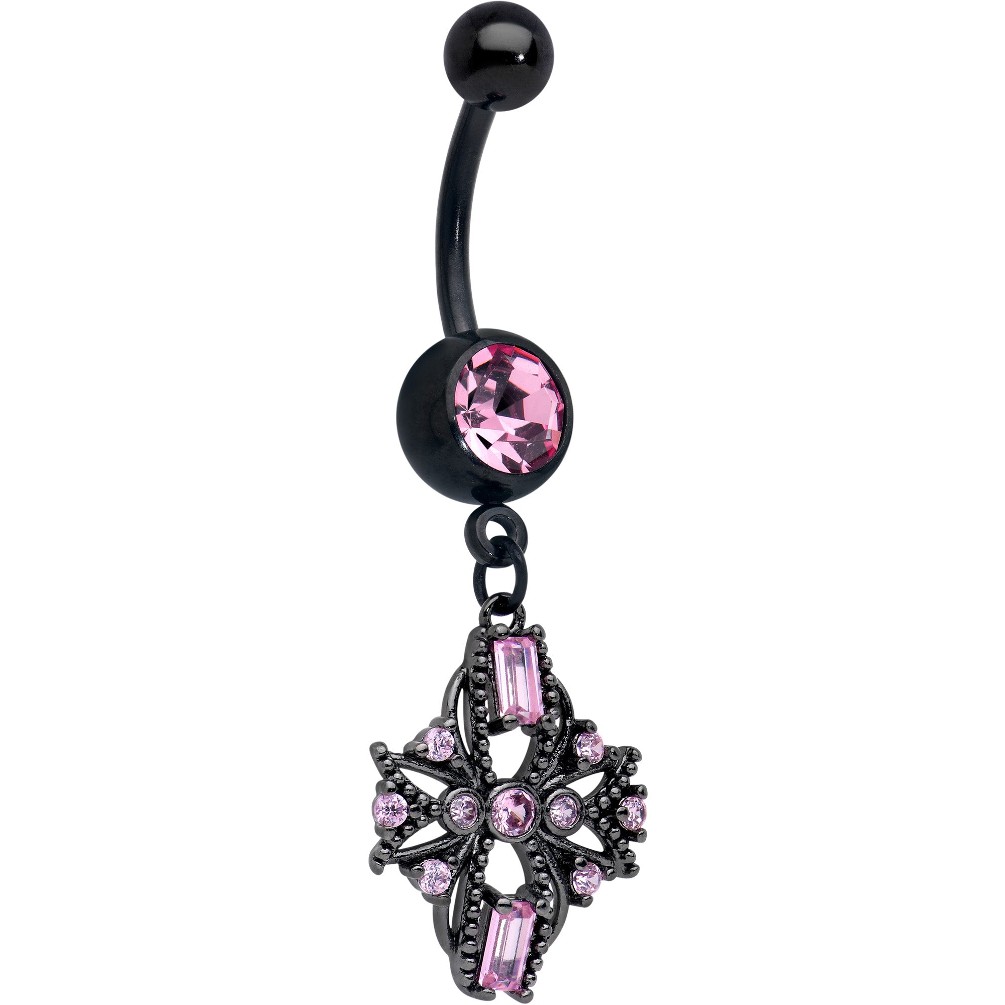 Pink Gem Black Opulent Cross Dangle Belly Ring