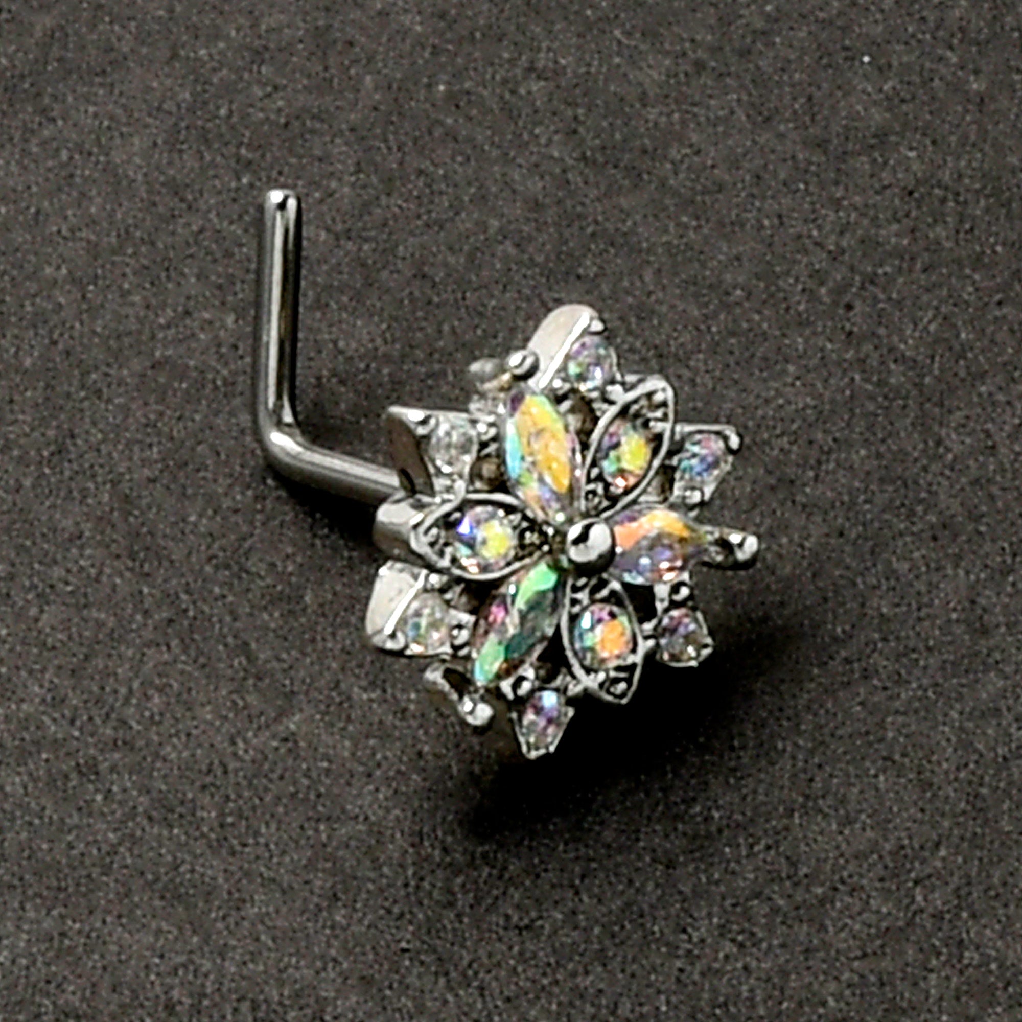 20 Gauge 7mm Aurora CZ Gem Snowflake Style L Shape Nose Ring