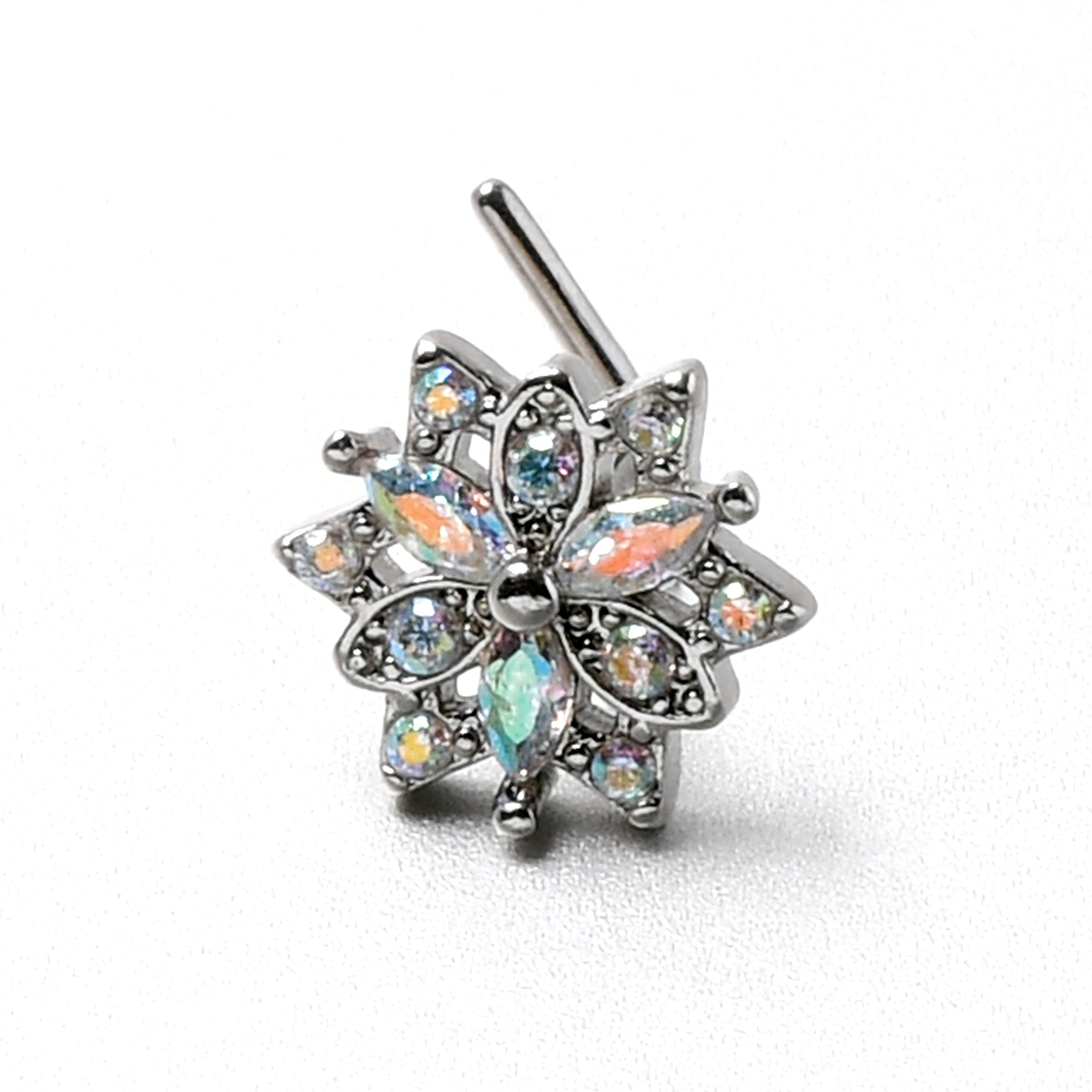 20 Gauge 7mm Aurora CZ Gem Snowflake Style L Shape Nose Ring