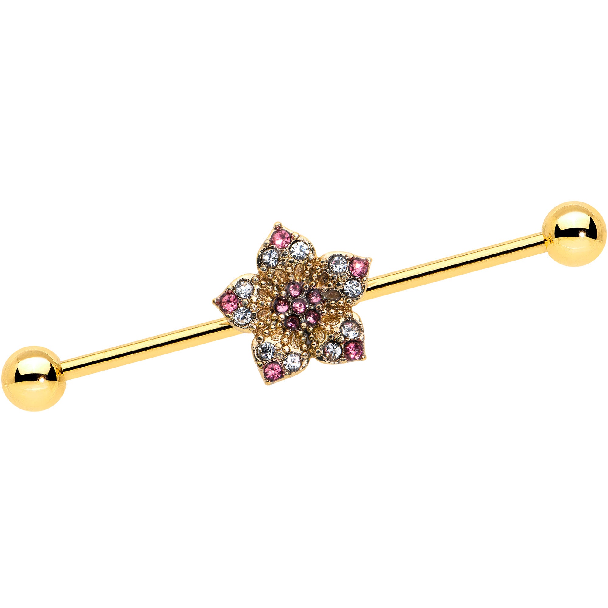 14 Gauge Clear Pink Gem Gold Tone Texture Star Industrial Barbell 38mm