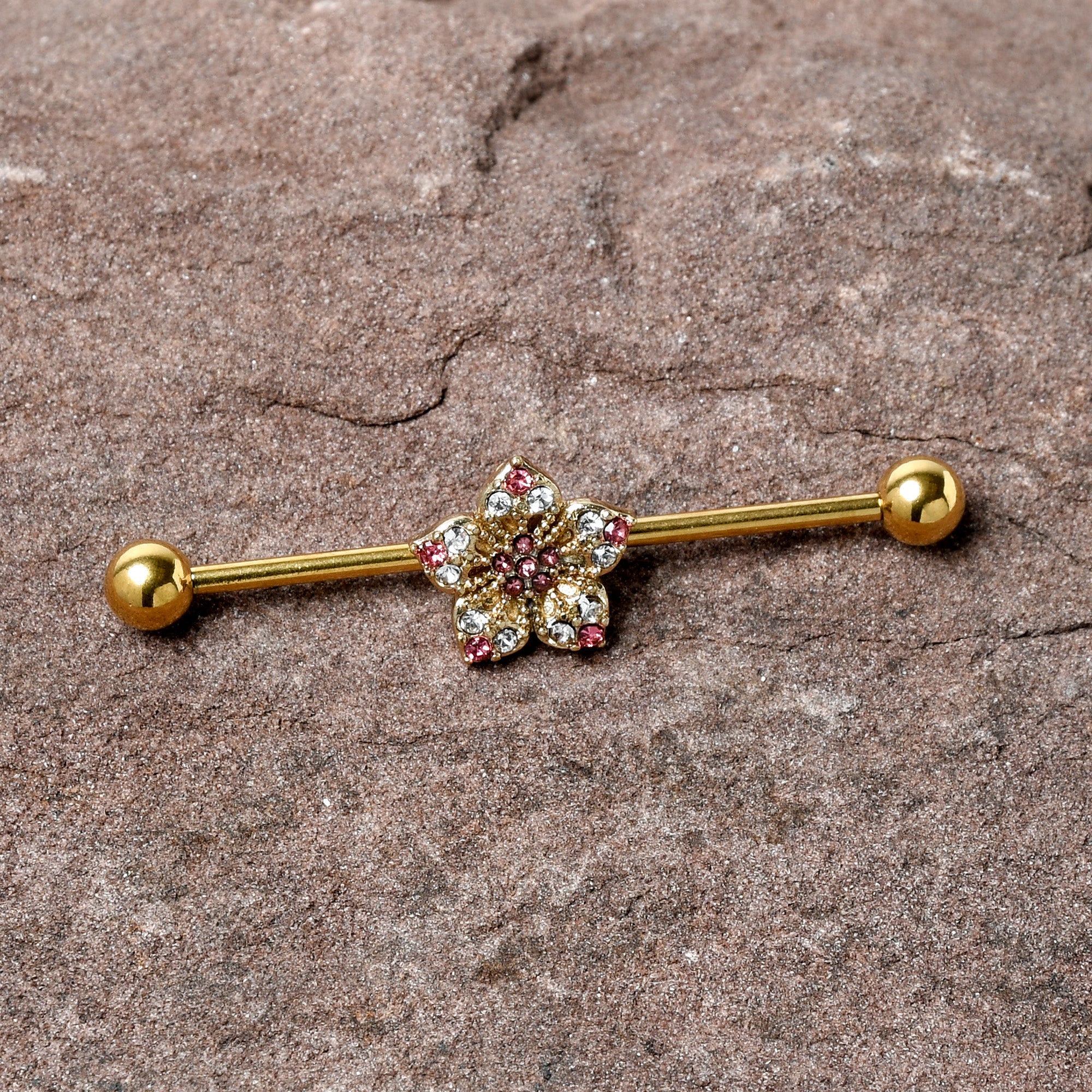 14 Gauge Clear Pink Gem Gold Tone Texture Star Industrial Barbell 38mm