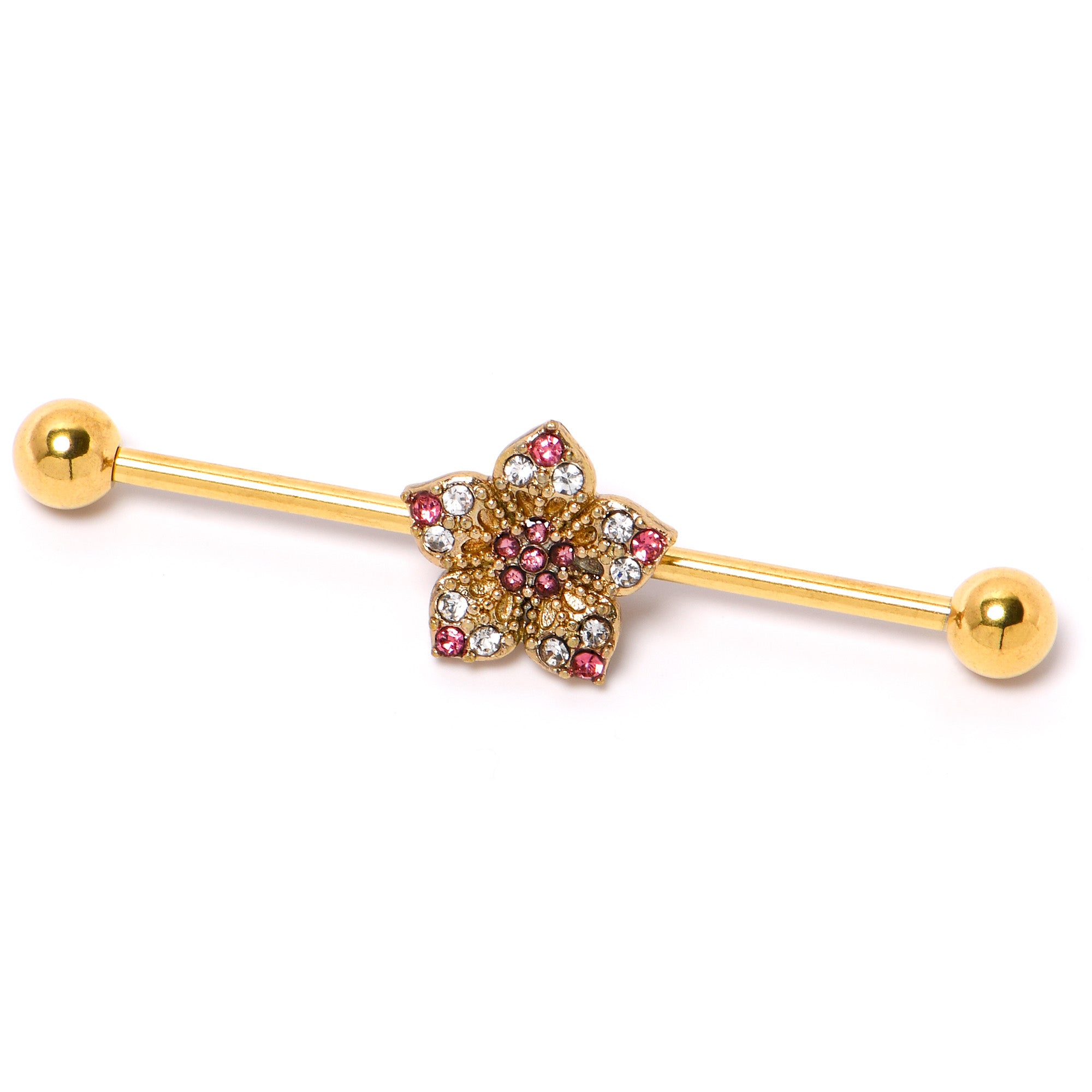 14 Gauge Clear Pink Gem Gold Tone Texture Star Industrial Barbell 38mm