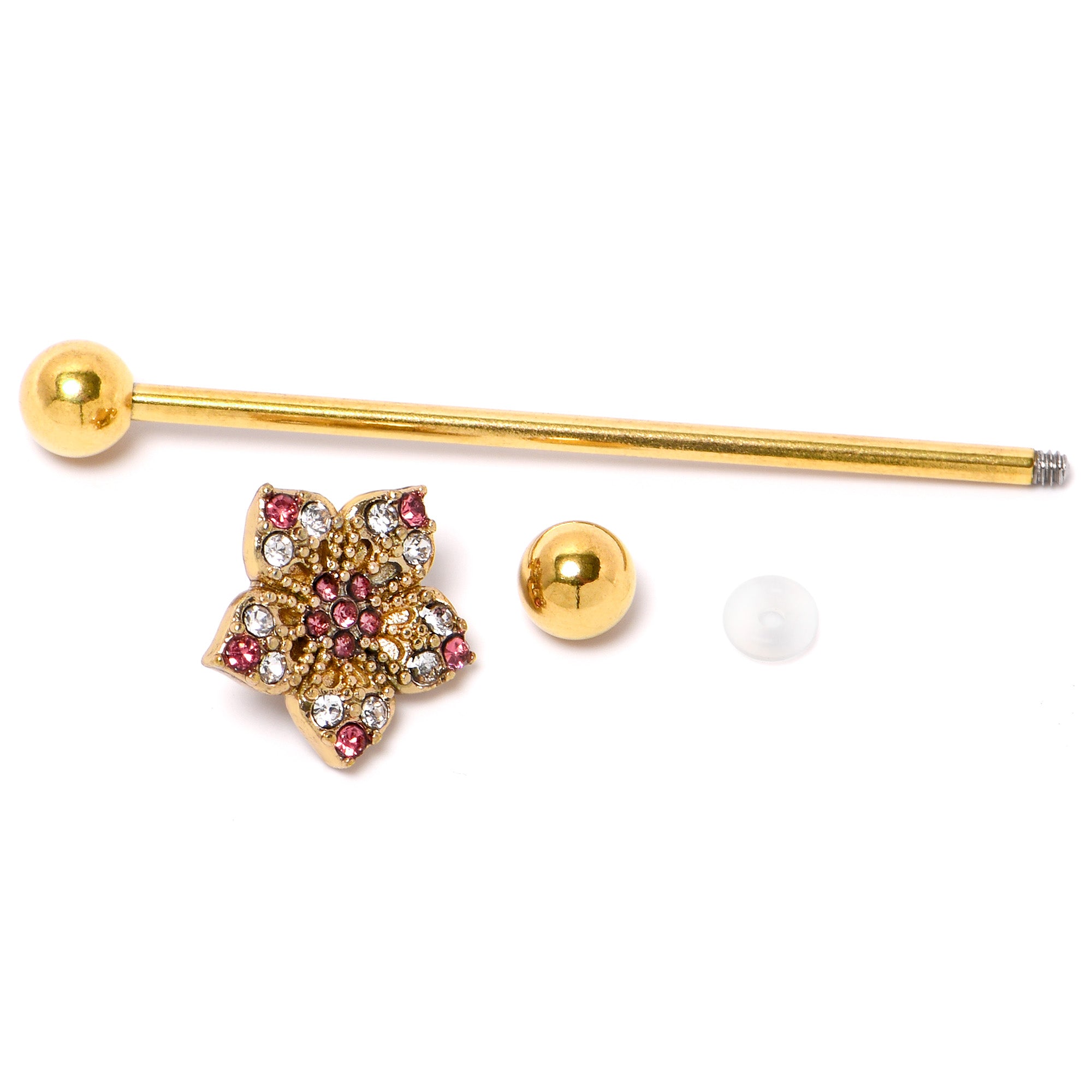 14 Gauge Clear Pink Gem Gold Tone Texture Star Industrial Barbell 38mm