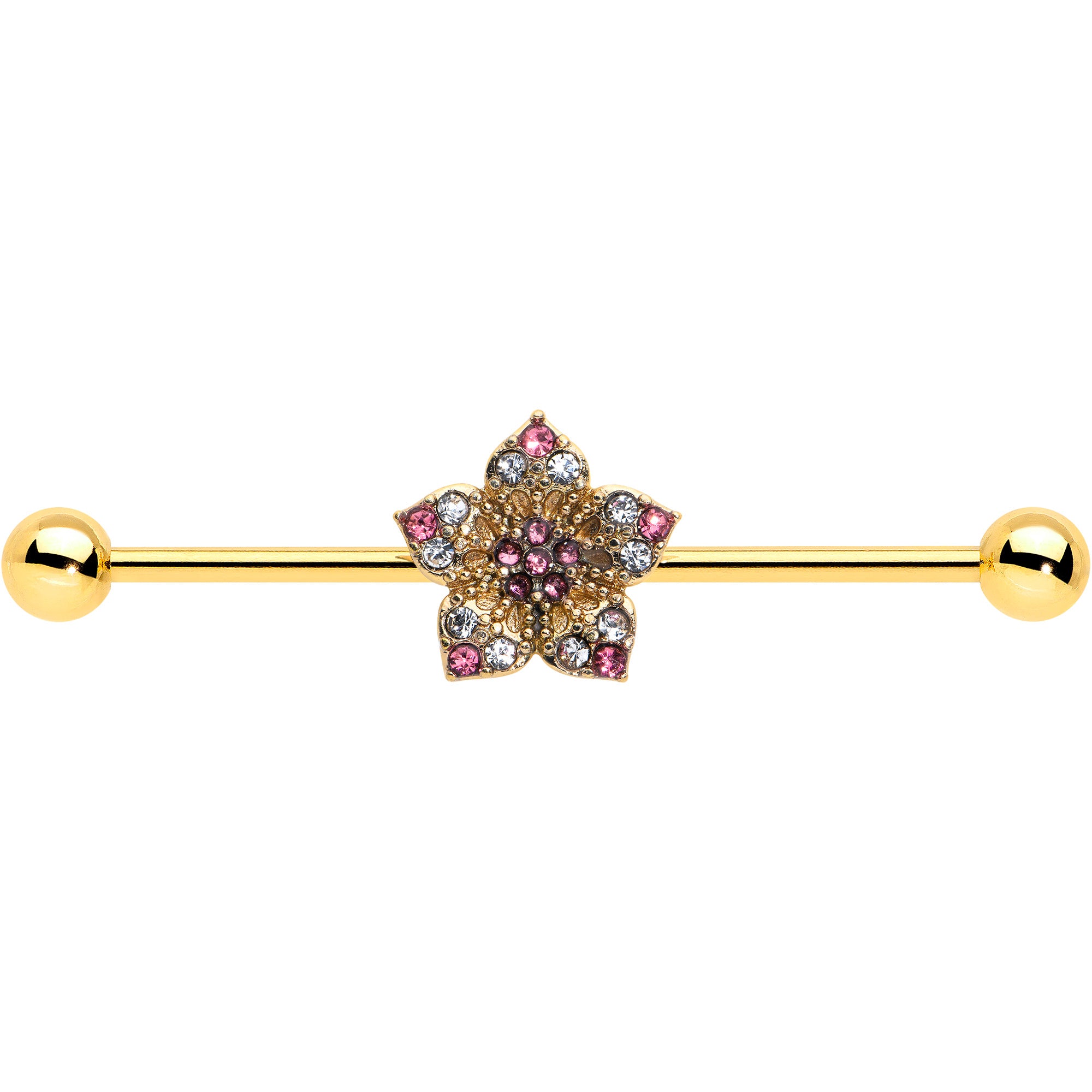 14 Gauge Clear Pink Gem Gold Tone Texture Star Industrial Barbell 38mm