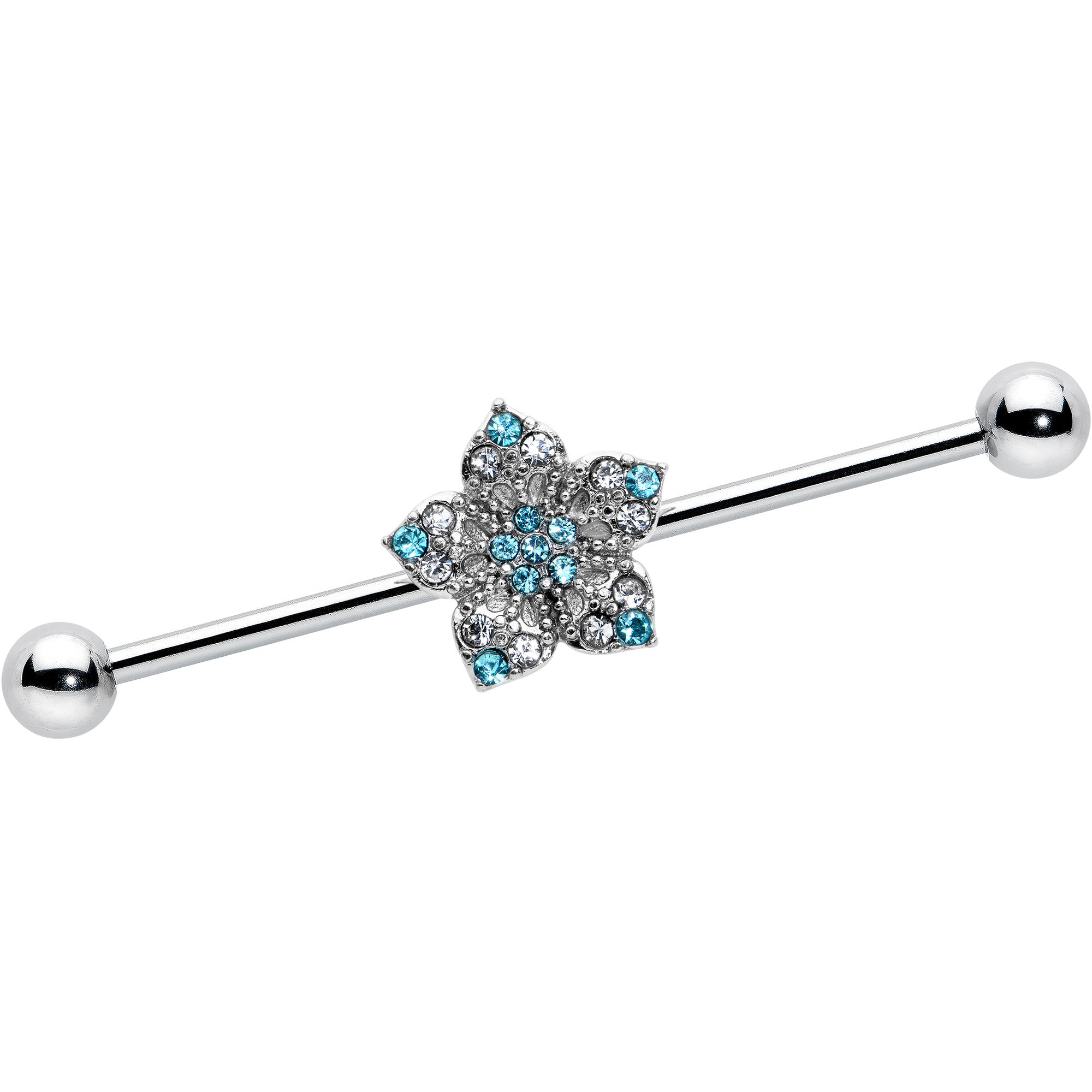 14 Gauge Blue Clear Gem Opulent Flower Industrial Barbell 38mm