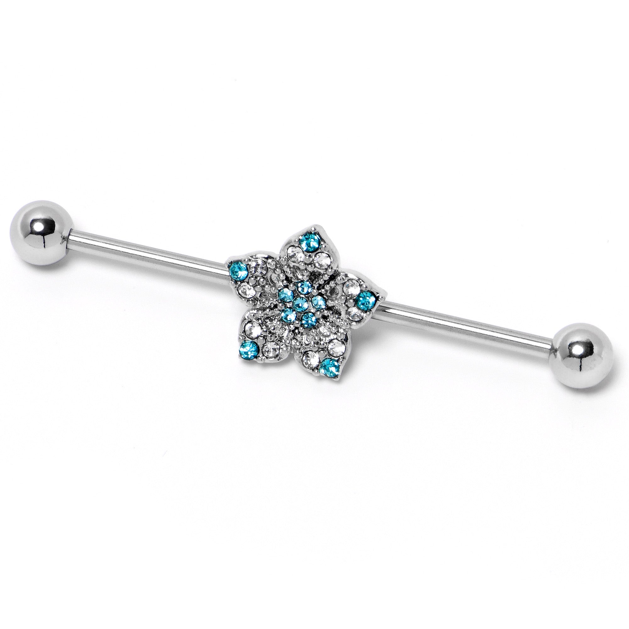 14 Gauge Blue Clear Gem Opulent Flower Industrial Barbell 38mm