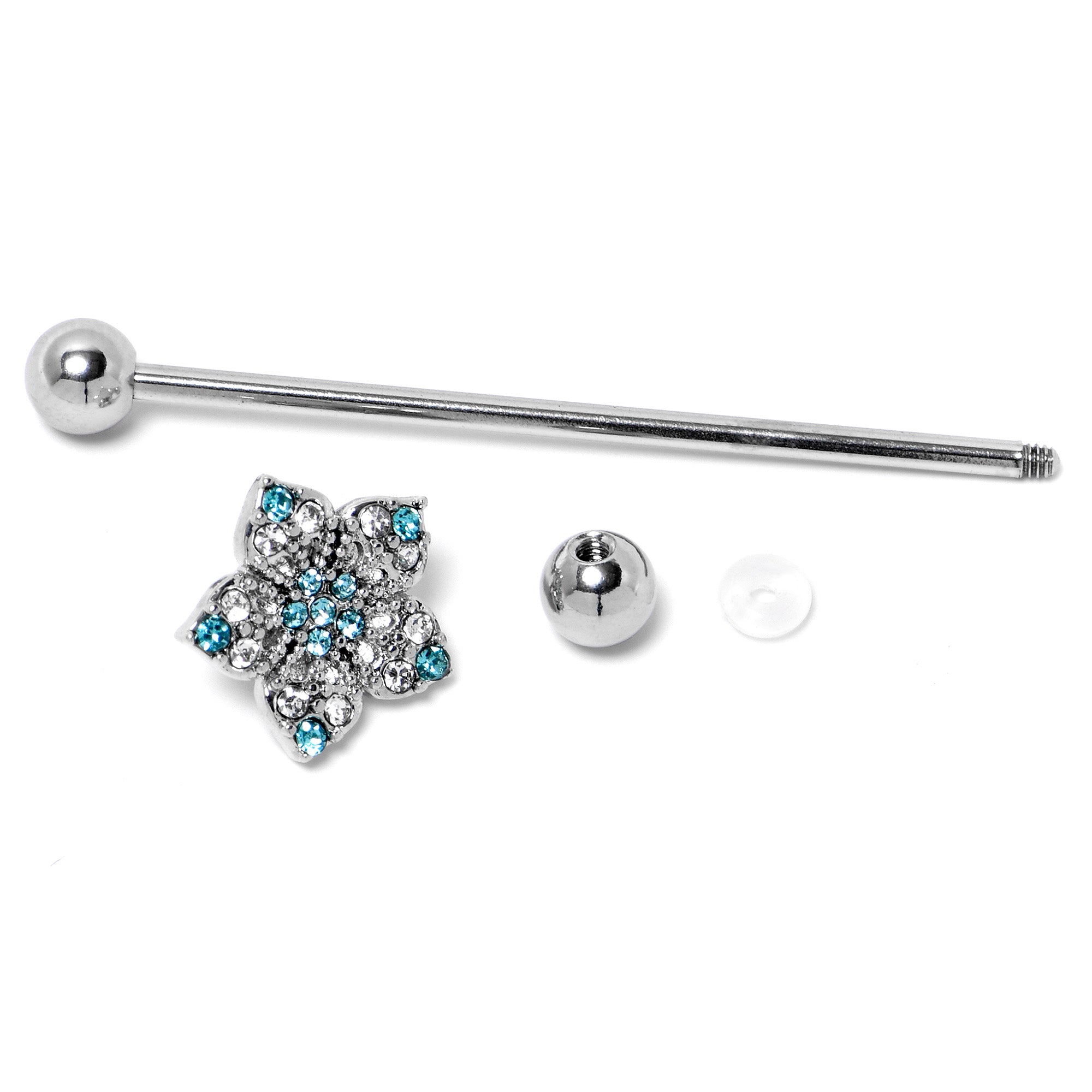 14 Gauge Blue Clear Gem Opulent Flower Industrial Barbell 38mm