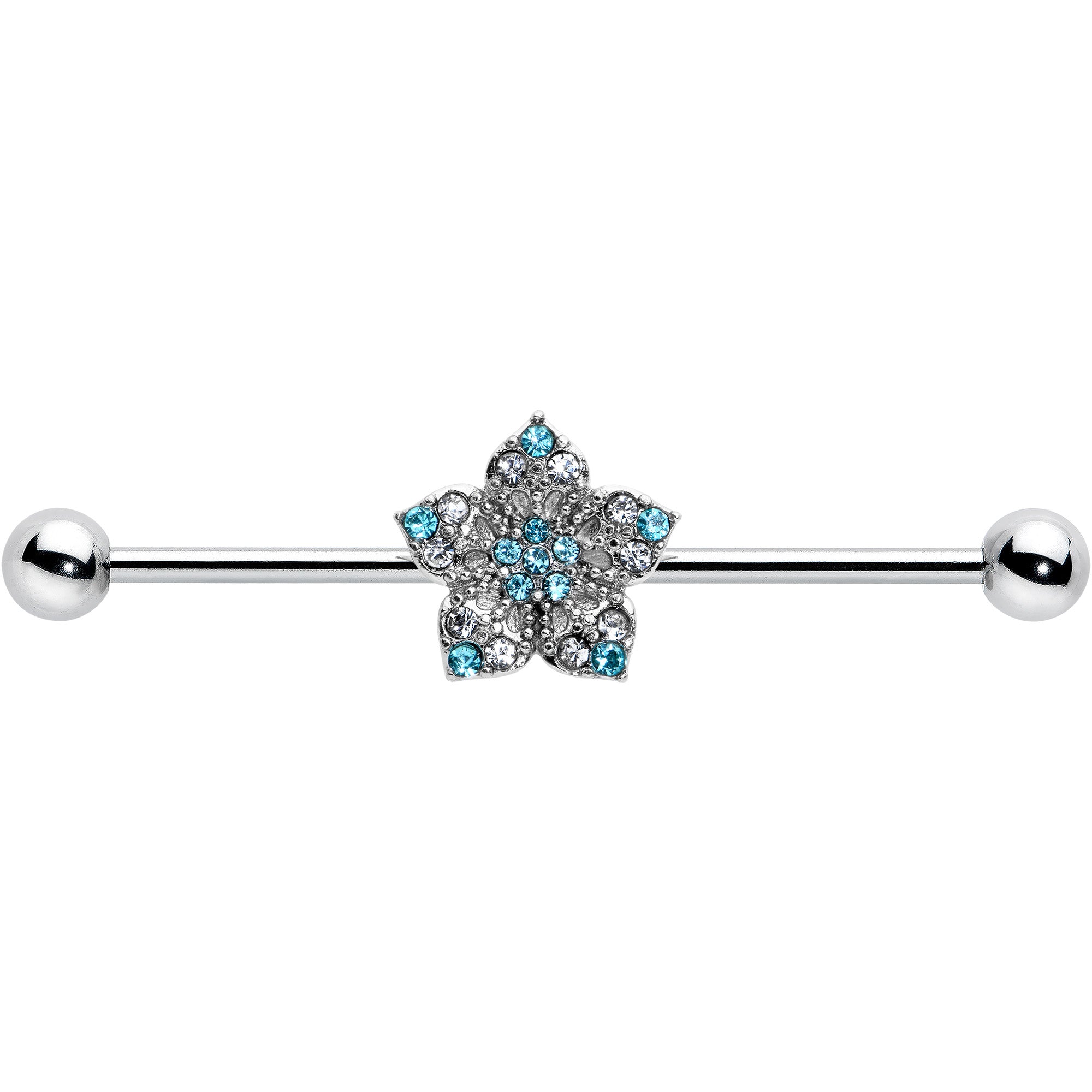 14 Gauge Blue Clear Gem Opulent Flower Industrial Barbell 38mm