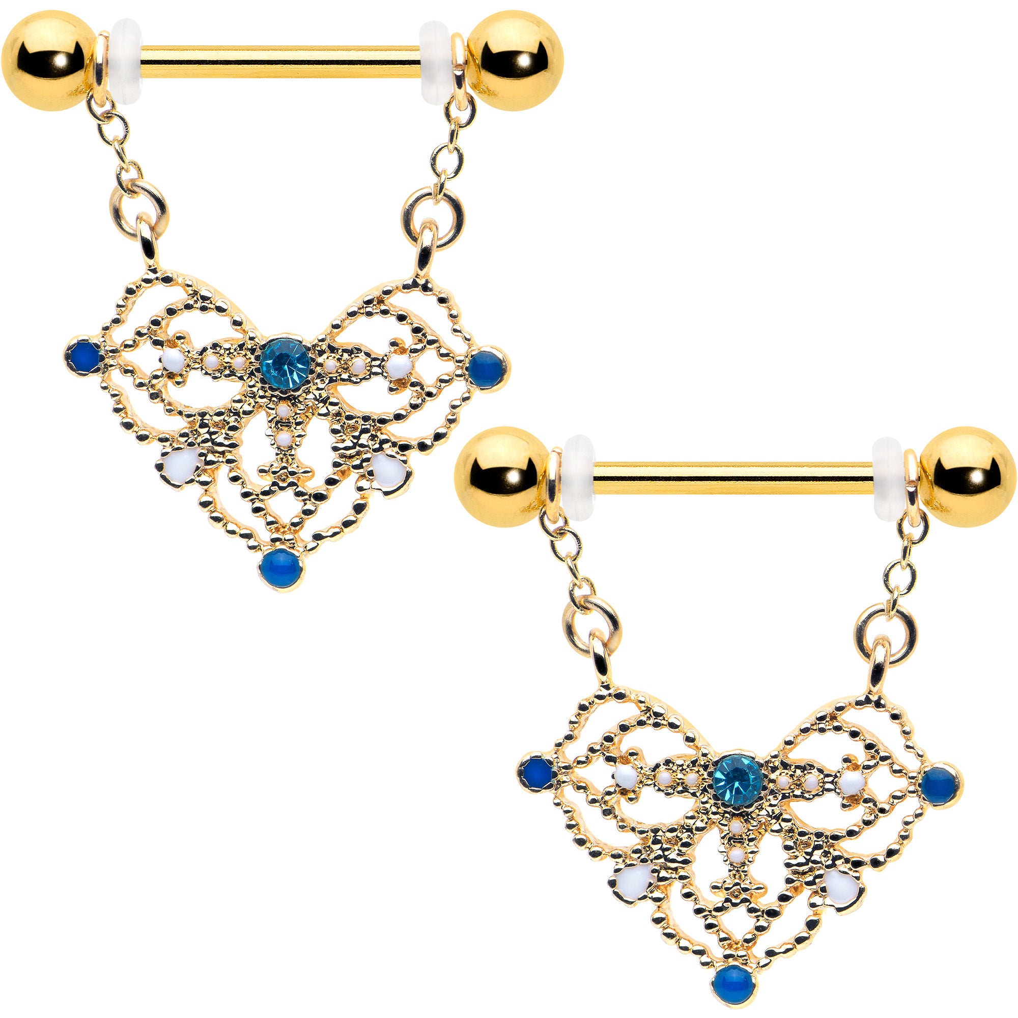 14 Gauge 9/16 Blue Gem Gold Tone Lacy Rhombus Dangle Nipple Ring Set