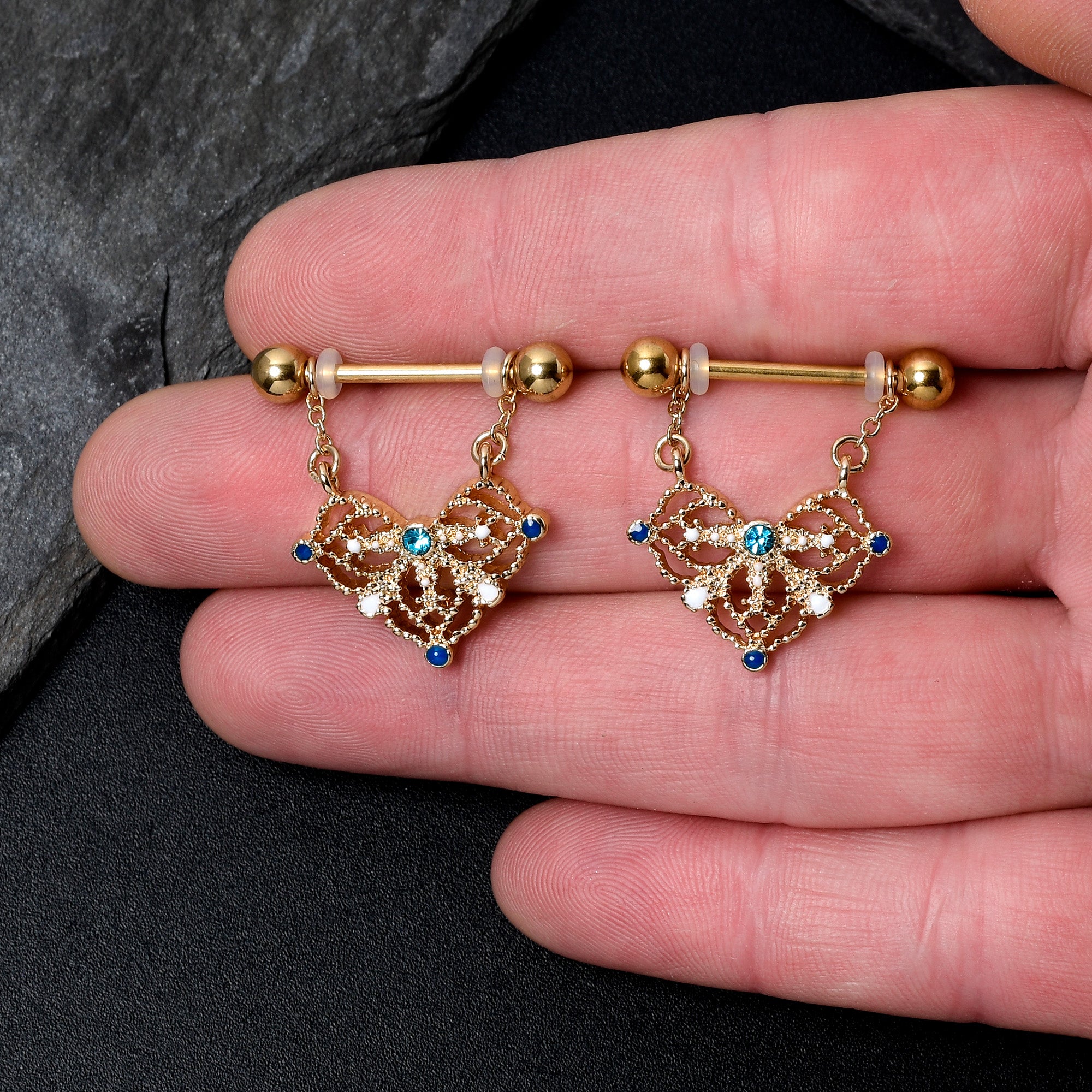 14 Gauge 9/16 Blue Gem Gold Tone Lacy Rhombus Dangle Nipple Ring Set