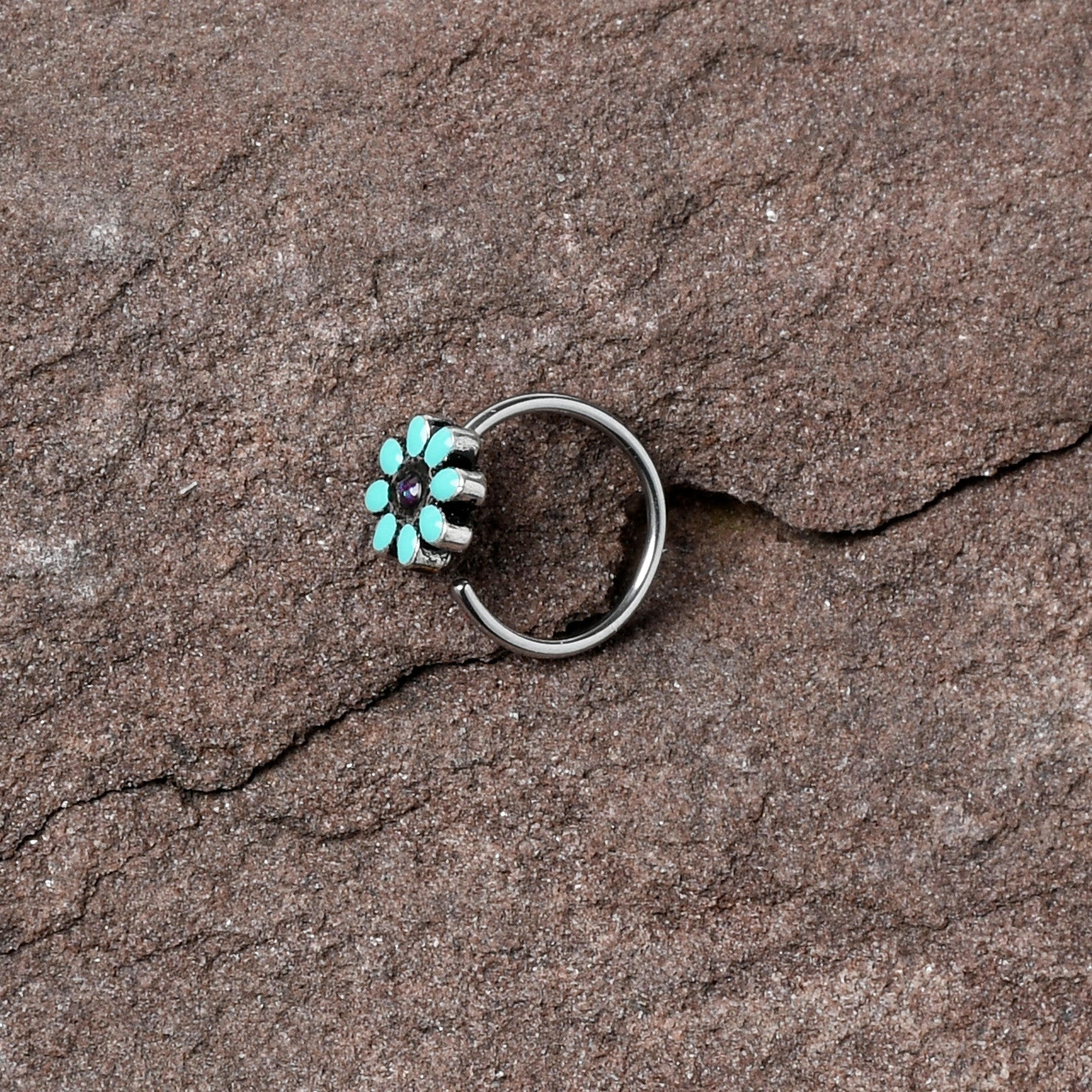 20 Gauge 5/16 Blue Gem Flower Teal Petals Nose Hoop