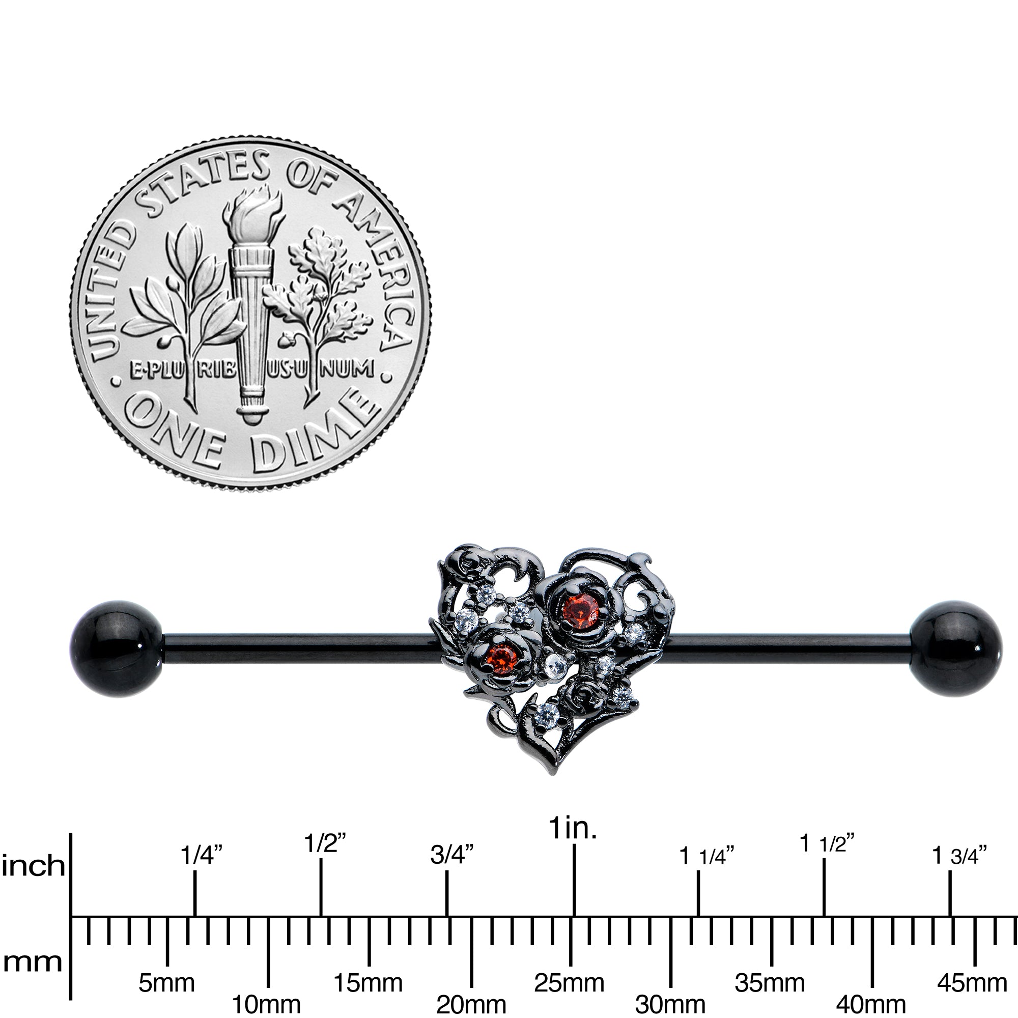 14 Gauge Clear Red CZ Gem Black Heart Floral Industrial Barbell 38mm