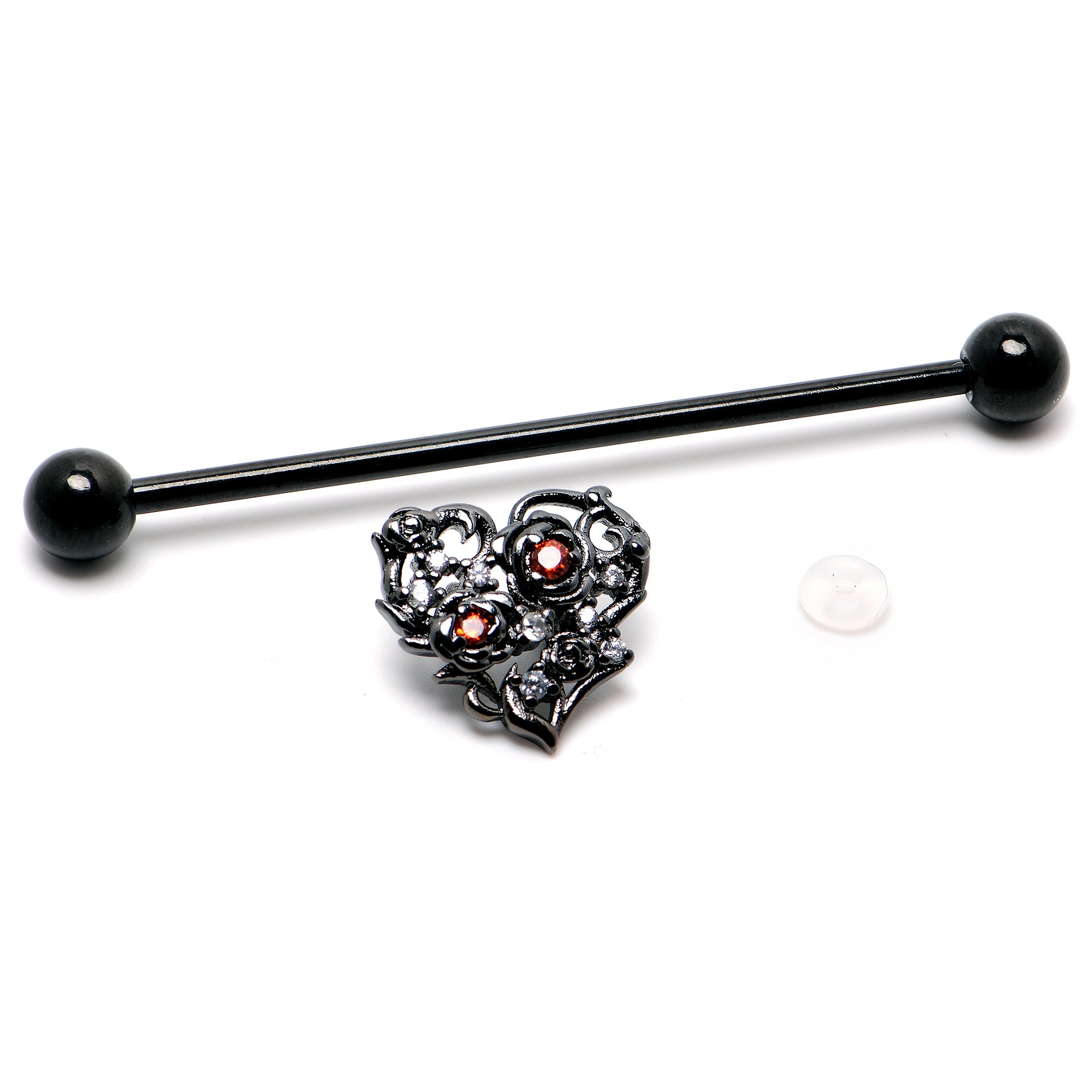 14 Gauge Clear Red CZ Gem Black Heart Floral Industrial Barbell 38mm