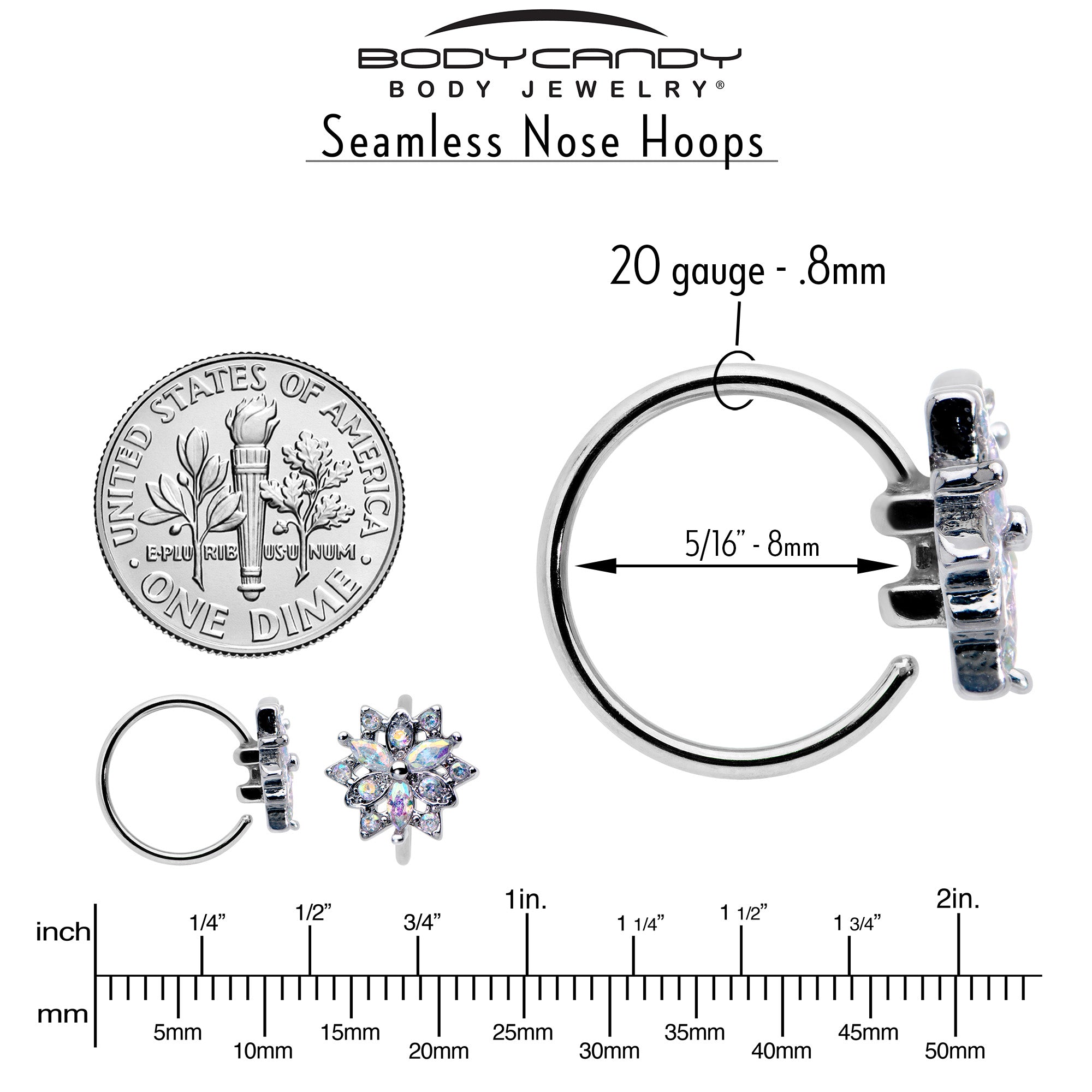 20 Gauge 5/16 Aurora CZ Gem Snowflake Style Nose Hoop