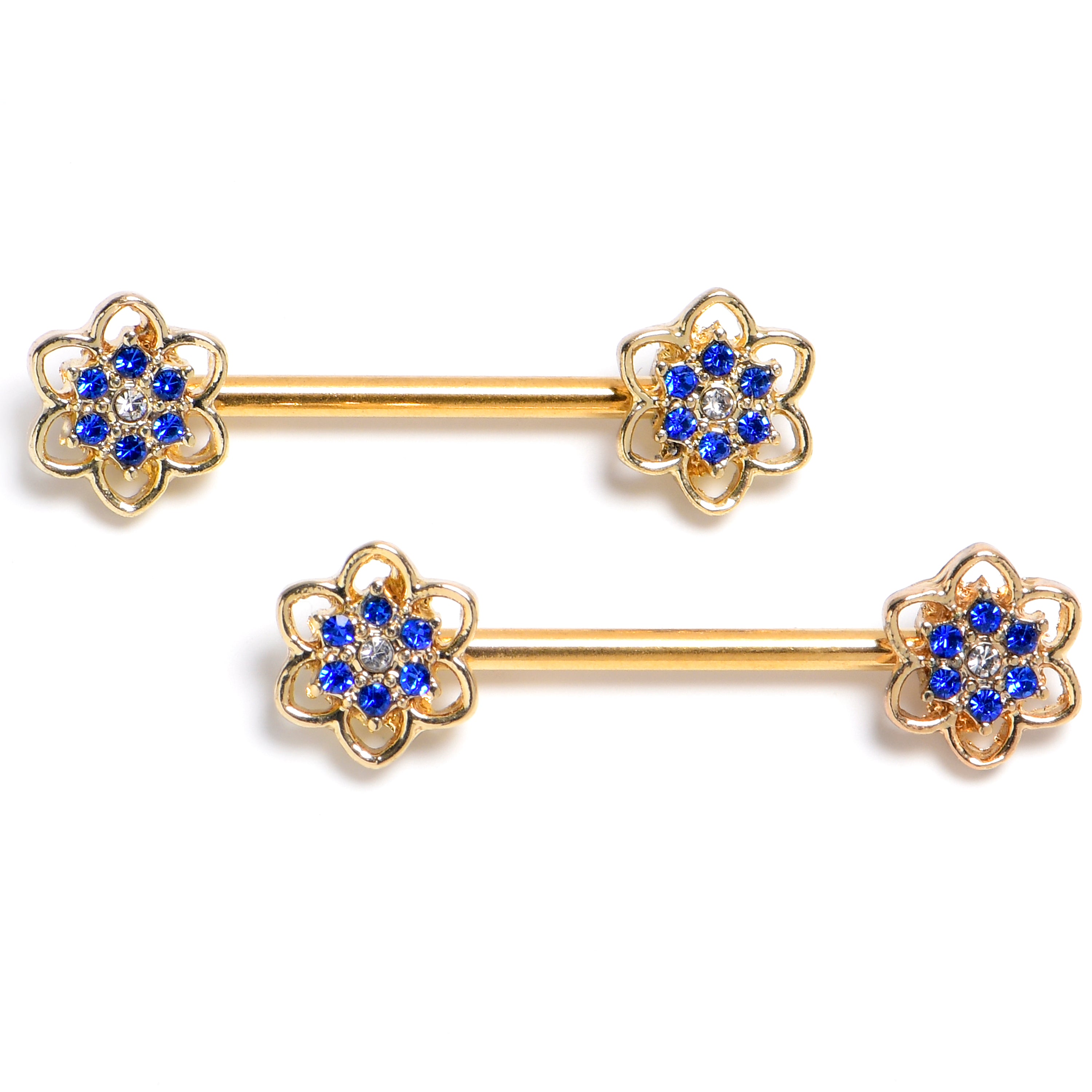 14 Gauge 9/16 Blue Gem Gold Tone Radiant Bloom Flower Barbell Nipple Ring Set