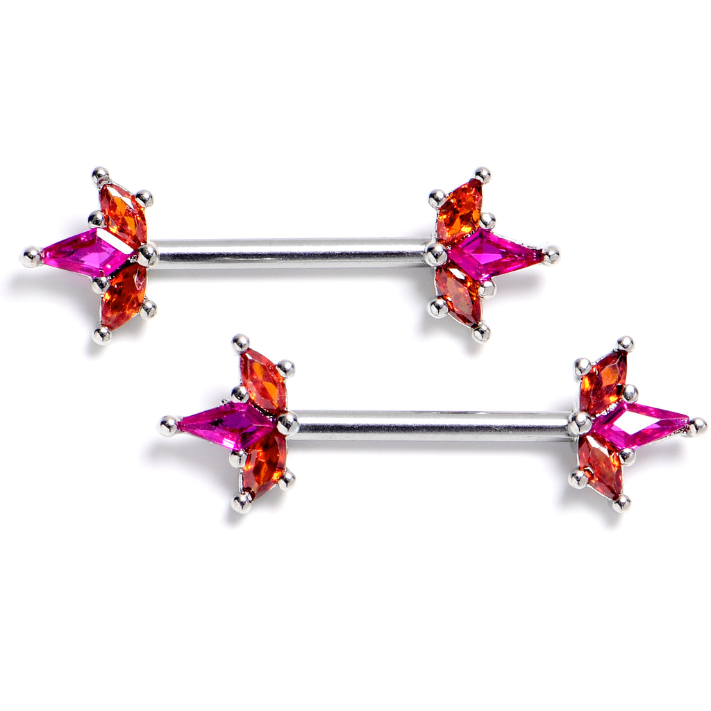 14 Gauge 9/16 Orange Pink Gem Abstract Fire Barbell Nipple Ring Set