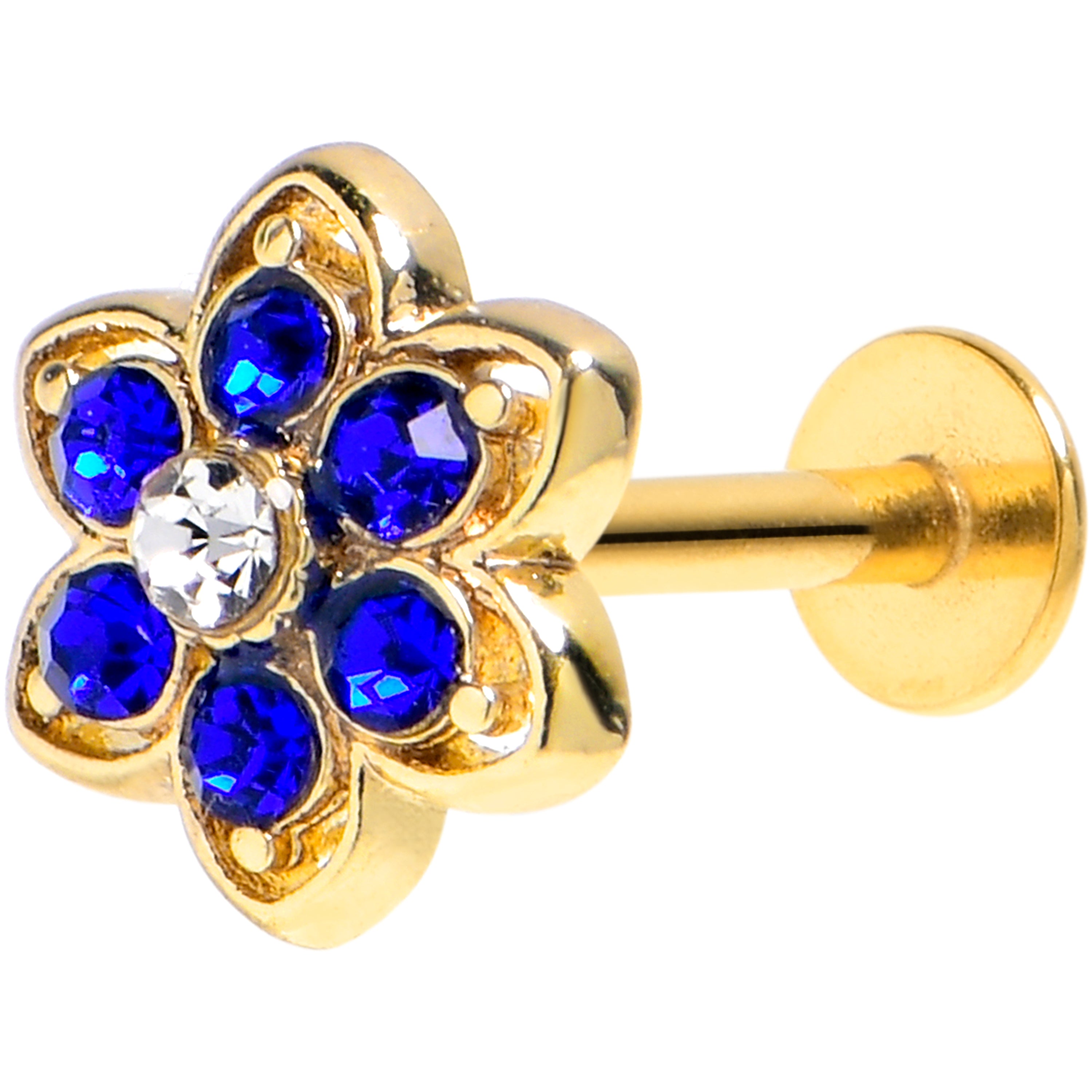 16 Gauge 1/4 Blue Gem Gold Tone Radiant Bloom Flower Labret