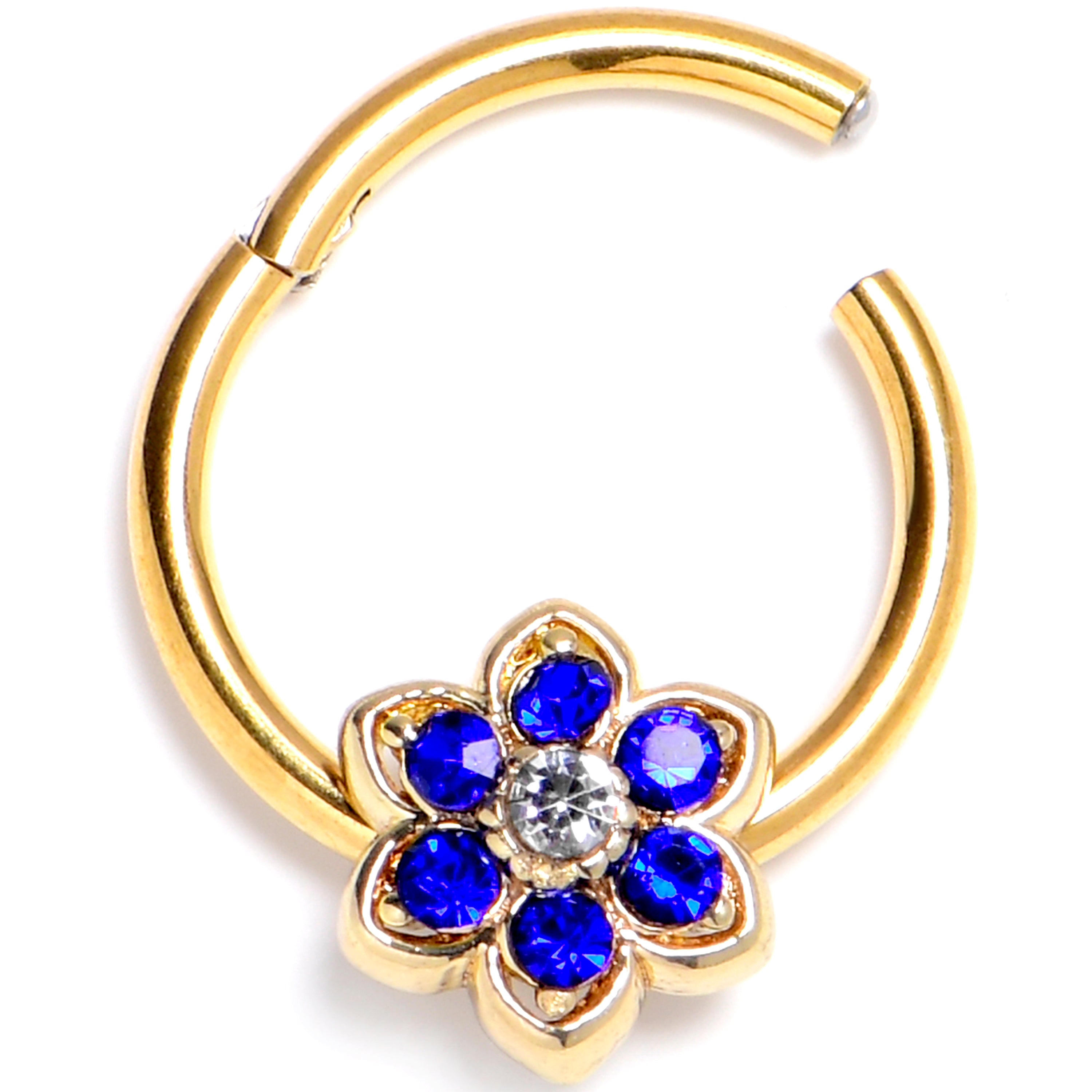 16 Gauge 3/8 Blue Gem Gold Tone Radiant Bloom Flower Hinged Segment Ring