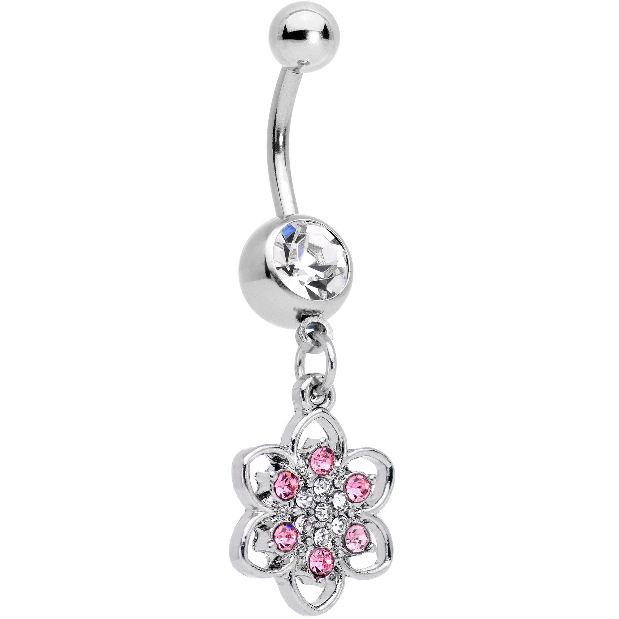 Pink Clear Gem Blooming Blossom Flower Dangle Belly Ring