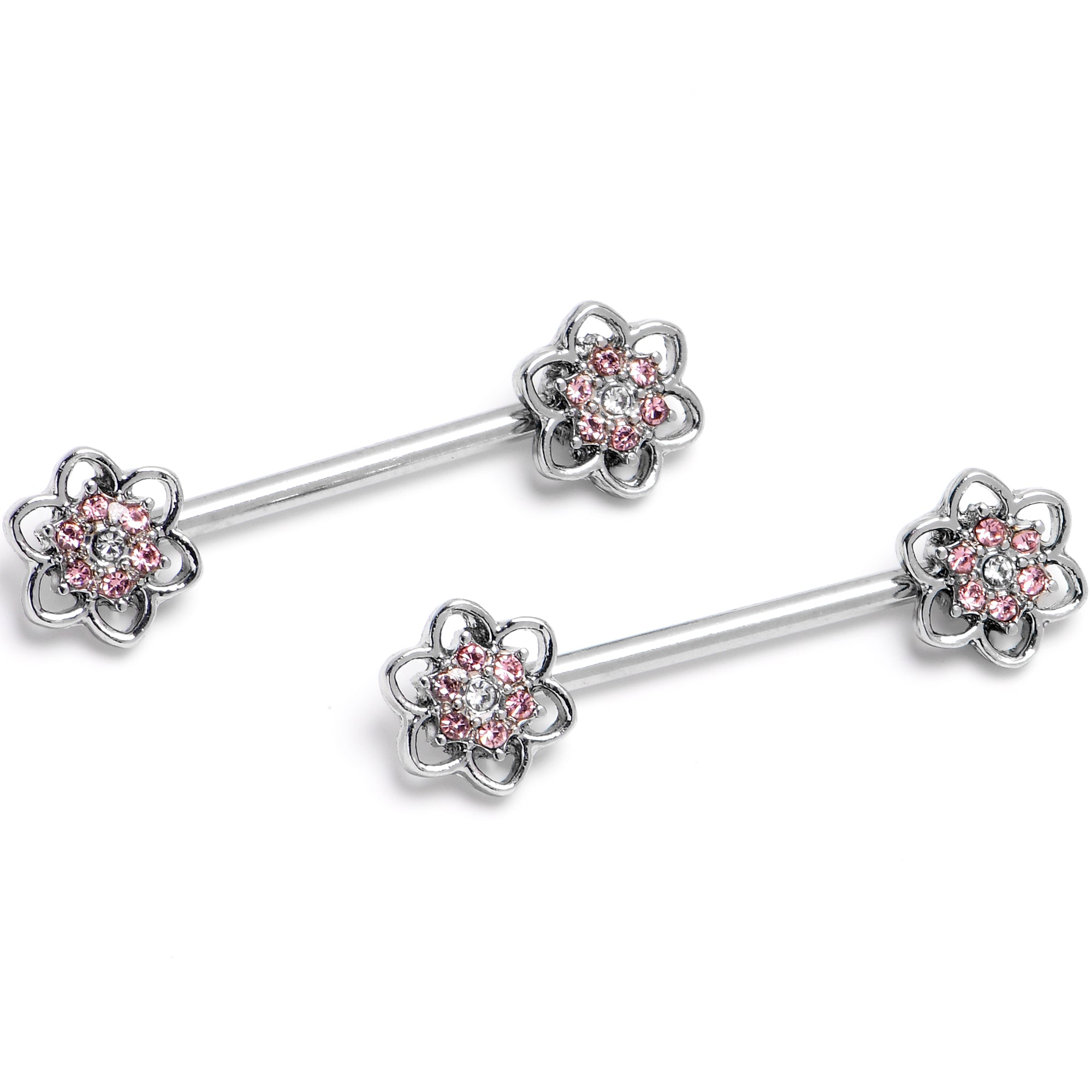 14 Gauge 9/16 Pink Gem Radiant Blossom Flower Barbell Nipple Ring Set