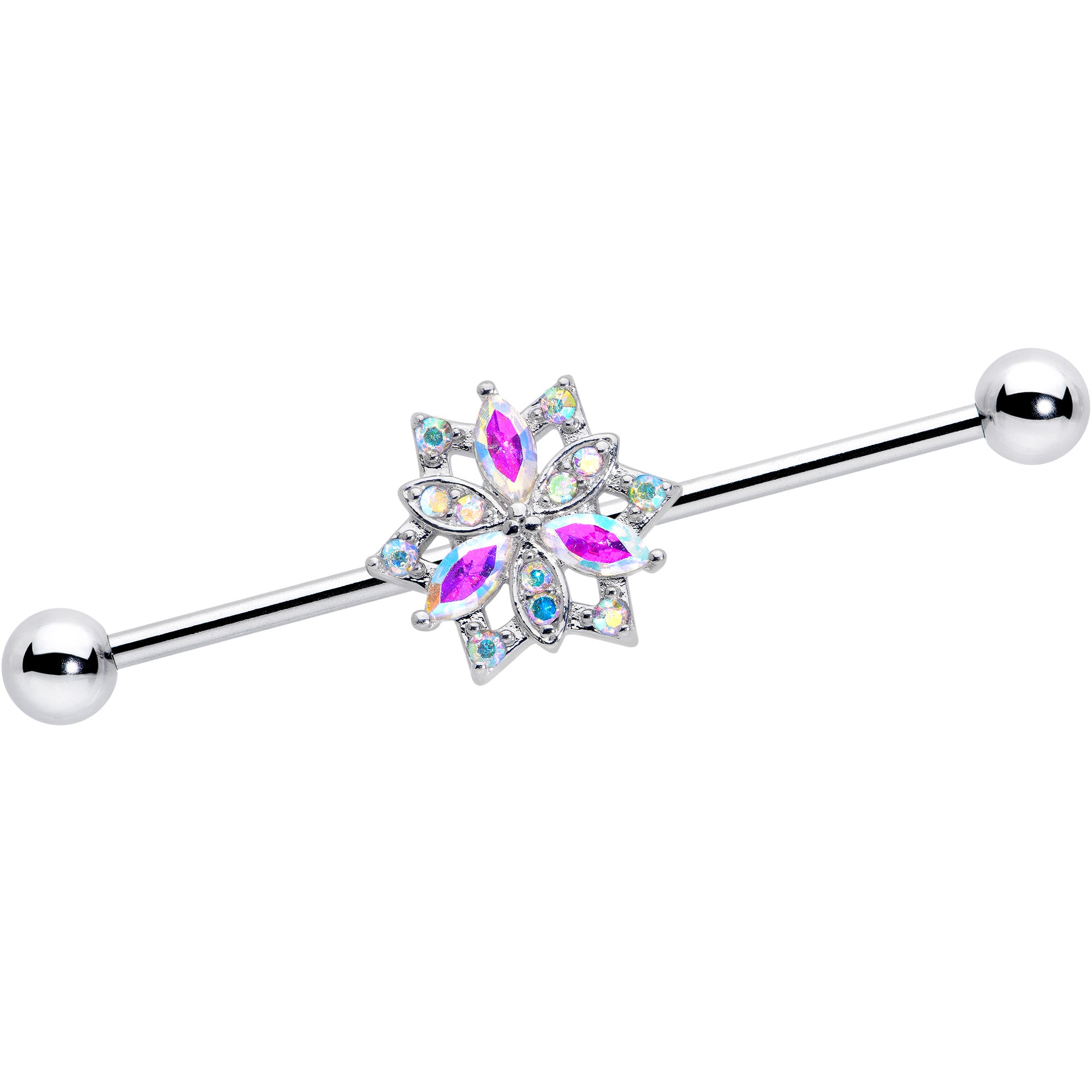 14 Gauge Aurora CZ Gem Snowflake Style Industrial Barbell 38mm