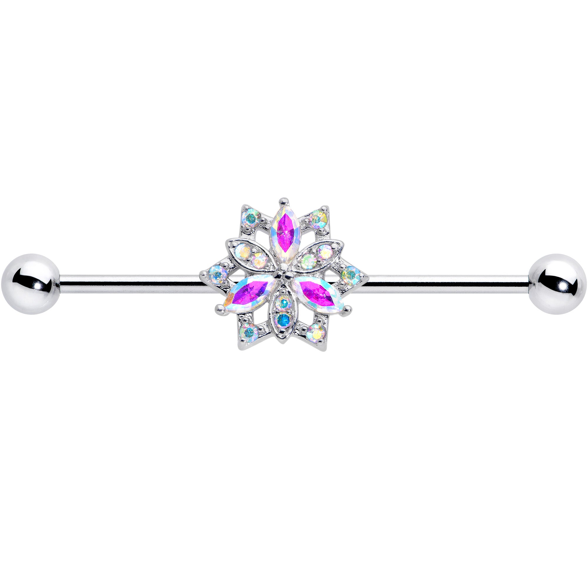 14 Gauge Aurora CZ Gem Snowflake Style Industrial Barbell 38mm